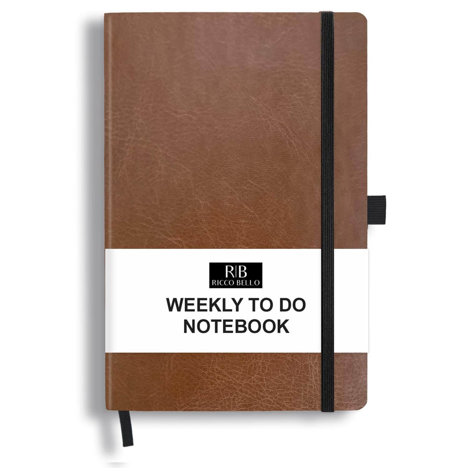 RICCO BELLO Undated Weekly Planner To Do Notebook | Faux Leather Hardcover, for Work, School, Home with Pen Holder, Bookmark, Band Closure, Storage Pocket, 5.7 x 8.4 Inches (Brown)