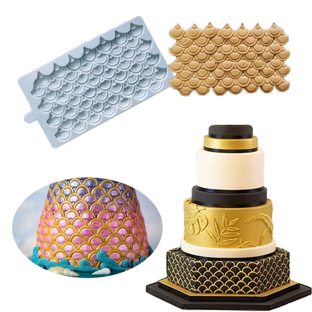 BUSOHA Cake Border Decoration Silicone Mold/Mermaid Scale Embossing Mat/Dragon Scale Fondant Impression Mold/Fish Scale Gumpaste Lace Baking Tool Sugarcarft Chocolate Candy Clay Mould