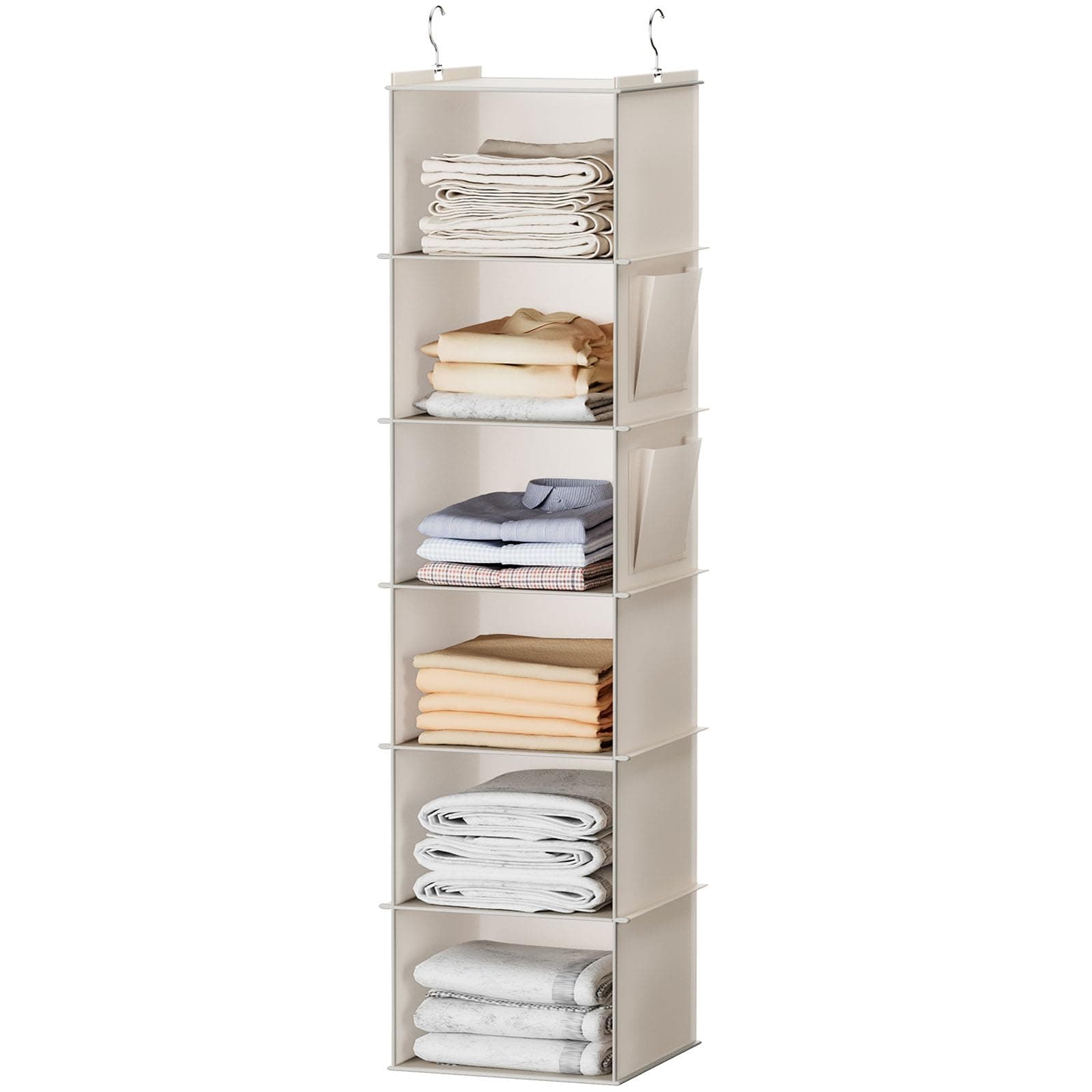 YOUDENOVA Hanging Closet Organizer, 6-Shelf Closet Hanging Storage with Side Pockets, Beige