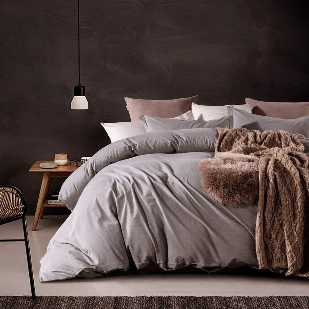 Comforter Set, Washed Cotton Duvet Cover, Natural Solid Color Slight Wrinkle Design, Breathable Bedding Set, 3 Pieces Bed Cover & Pillow Shams (Bean Paste Purple, Queen)