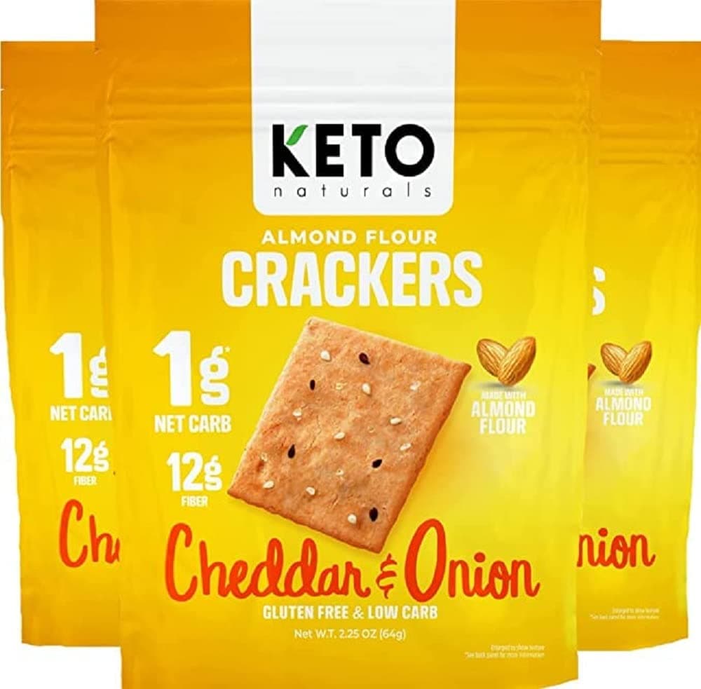 Keto Crackers (Cheddar & Onion), Low carb Crackers, Keto Snacks, Low carb. No Added Sugar, high Fibre & Gluten Free, Almond Flour (3 x 64g Packs).