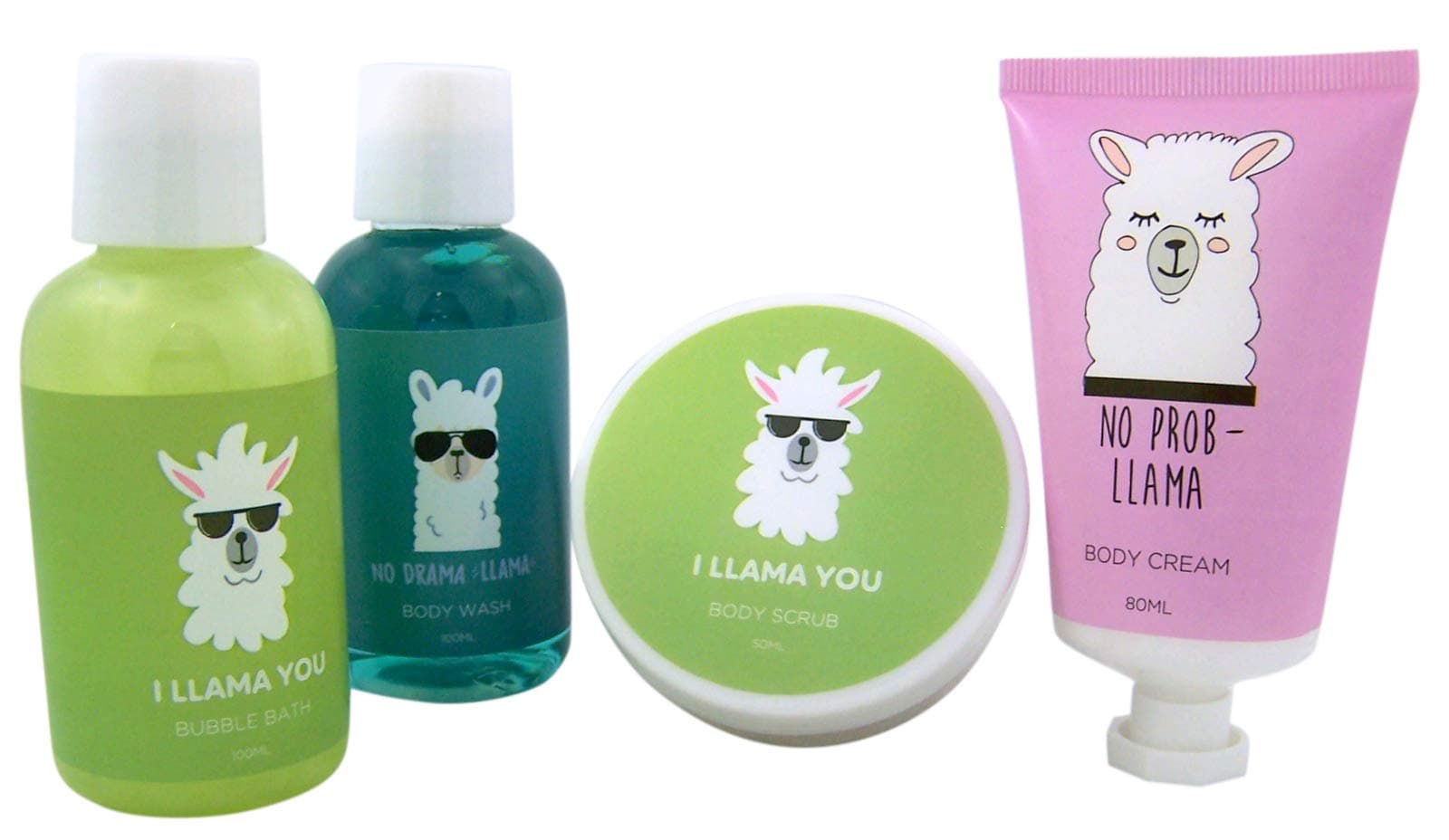 Myxx Llama Bath and Body Gift Set with Bubble Bath, Body Wash, Cream and Scrub