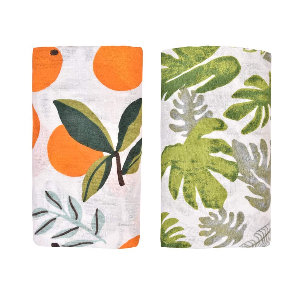 Ultra Soft Baby Swaddle Blanket,Soft Breathable Bamboo Baby Receiving Blanket Muslin Square Perfect Unisex Baby Shower Baby Registry Gift,120x120cm (Orange & Tropical Leaf)