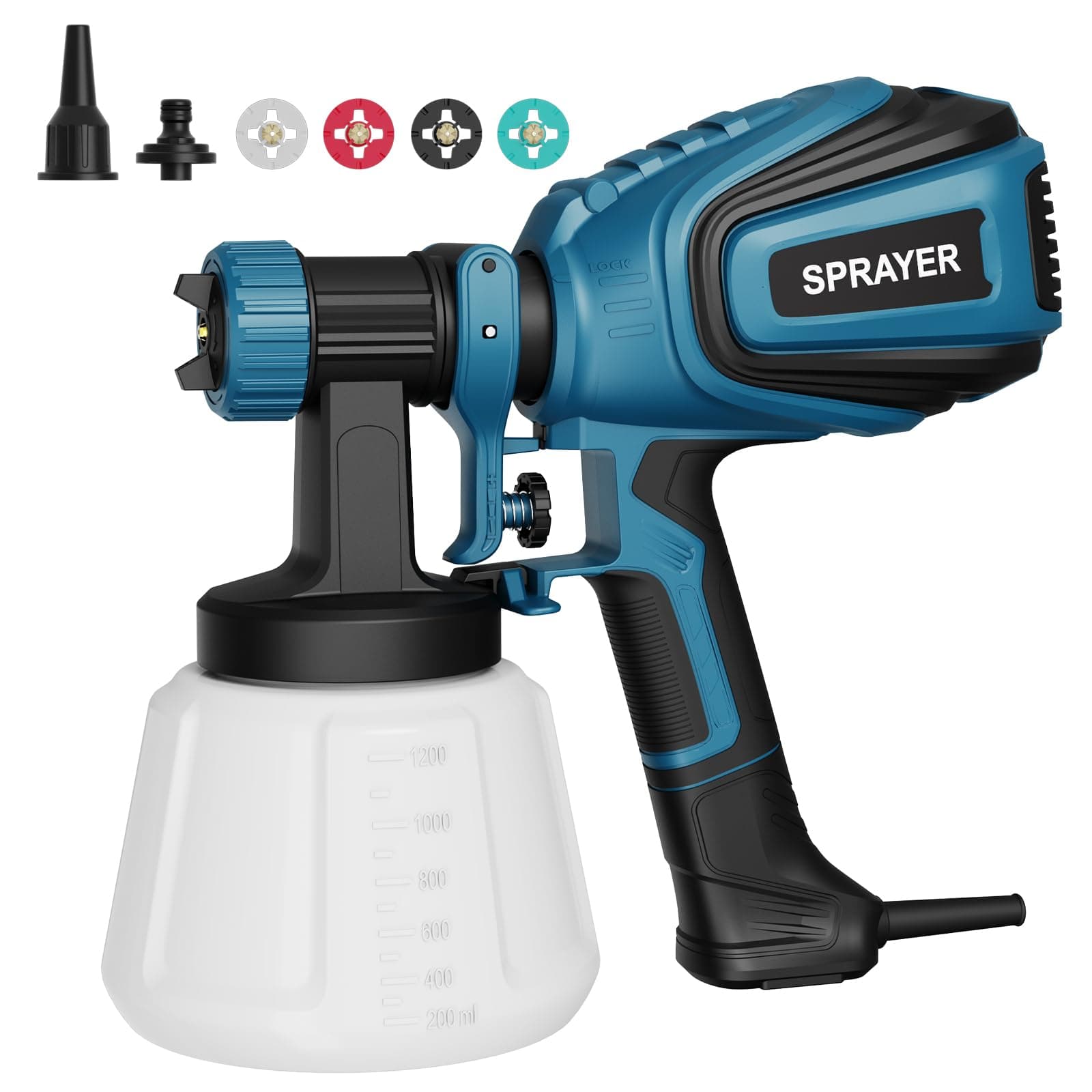 Paint Sprayer, 700W HVLP Spray Gun with Cleaning & Blowing Joints, 4 Nozzles and 3 Patterns, Easy to Clean, for Furniture, Cabinets, Fence, Walls, Door, Garden Chairs etc. VF803 Blue