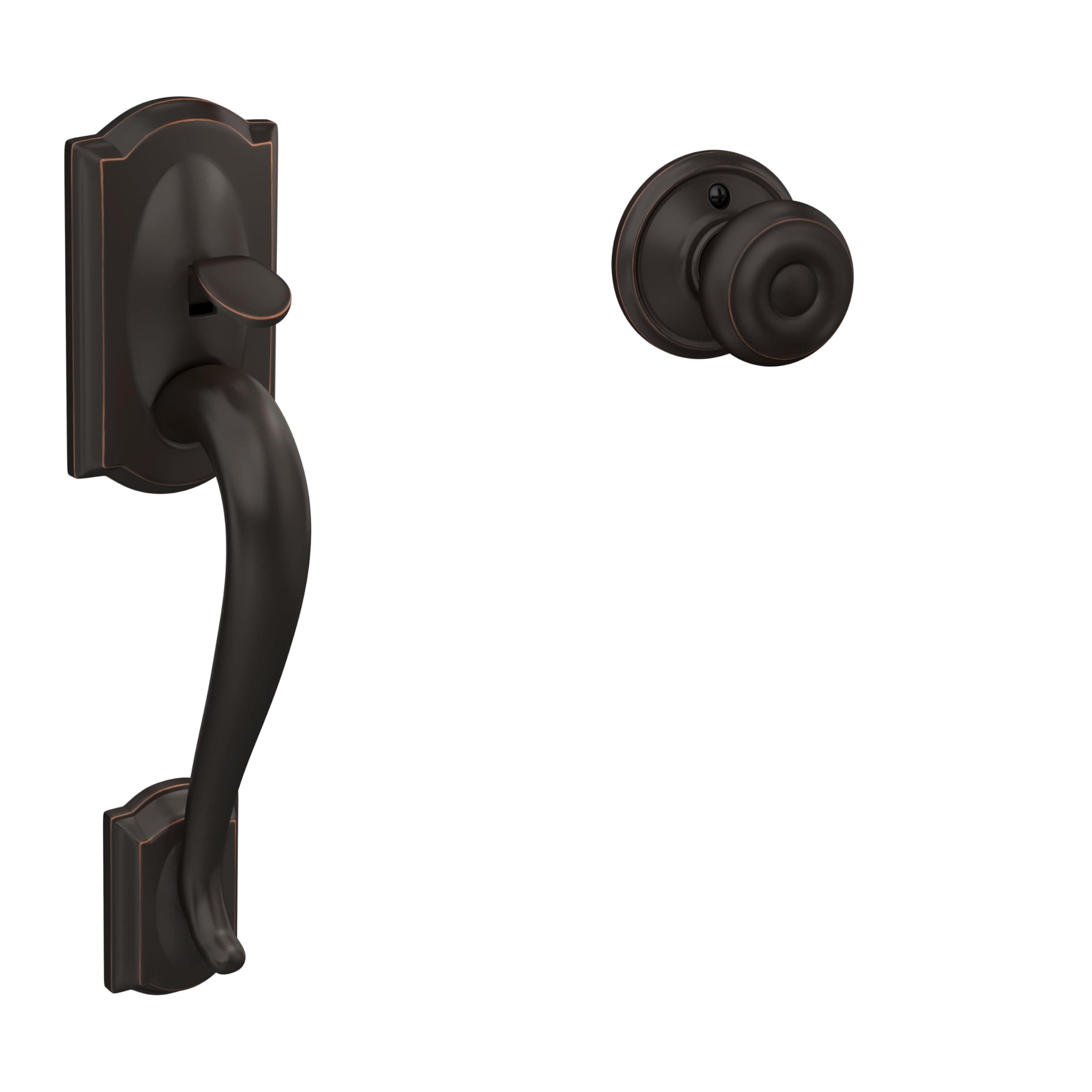 FE285 CAM 716 GEO Camelot Front Entry Handleset with Georgian Knob, Lower Half Grip, Aged Bronze