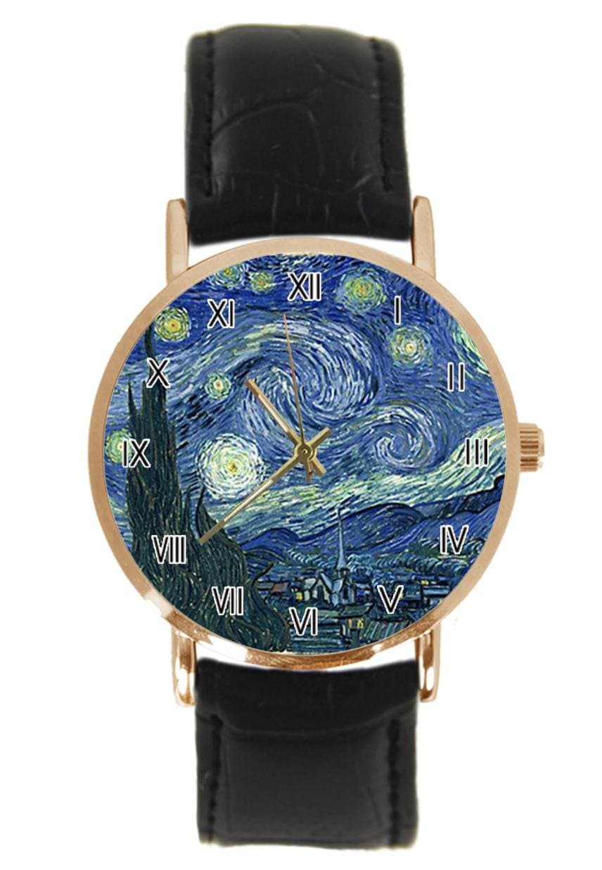 Van Gogh Starry Night Wrist Watch Custom Design Analog Quartz Wathes Rose Gold Dial Classic Leather Band Women's Men's Watch