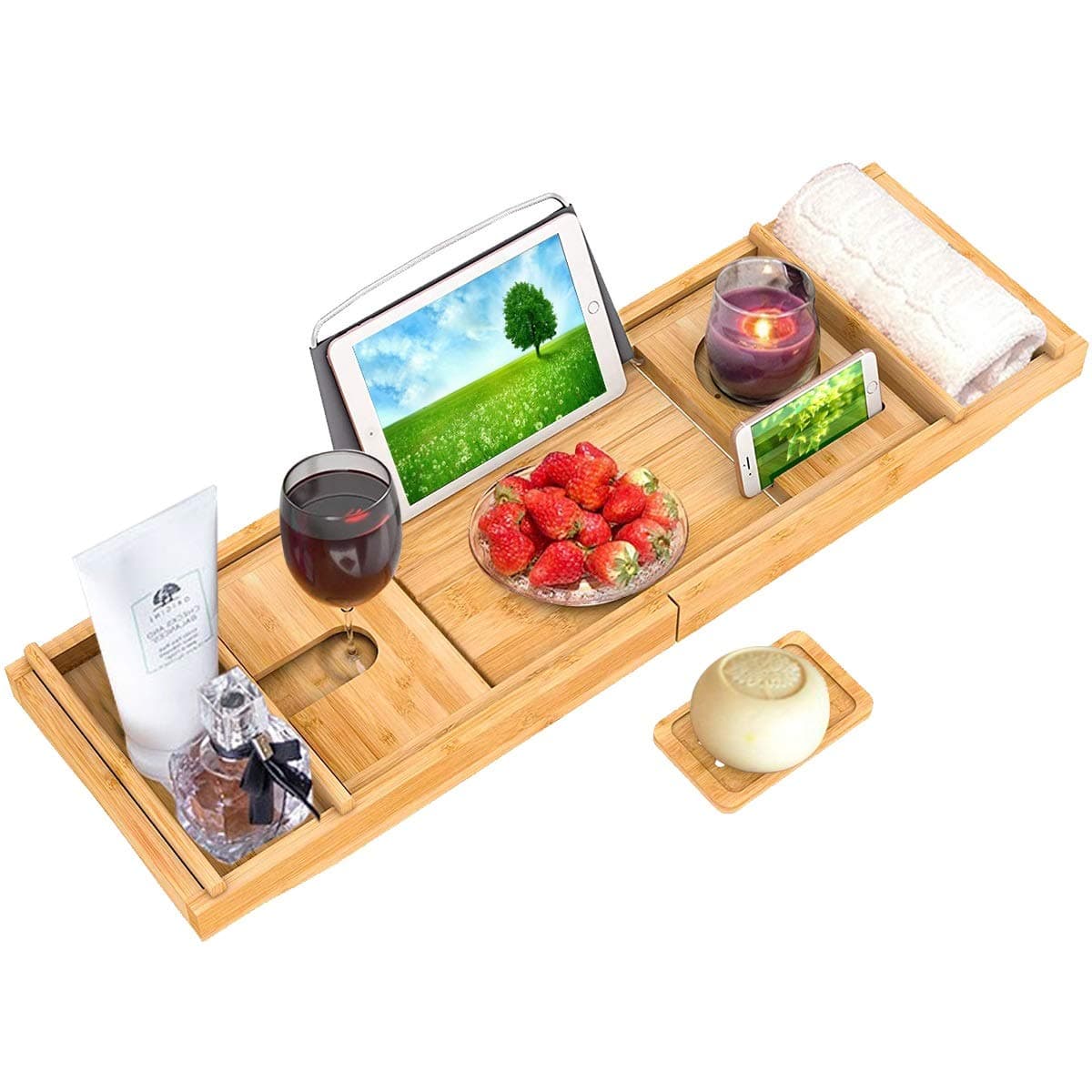 Bamboo Bath Caddy Tray for Bathtub, Adjustable Organizer Tray for Bathroom with Free Soap Dish, Suitable for 1 or 2 Person Bath and Bed Tray, Luxury Spa or Reading