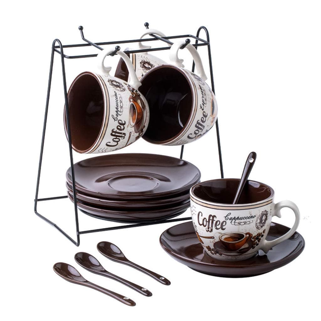 LHQ-HQ Ceramics Coffee Cup Saucer Set with 5 Pieces,Home Porcelain Tea Set with Cup Holder And Spoon,Creative Hand Drawing Tea Cup And Saucer Set
