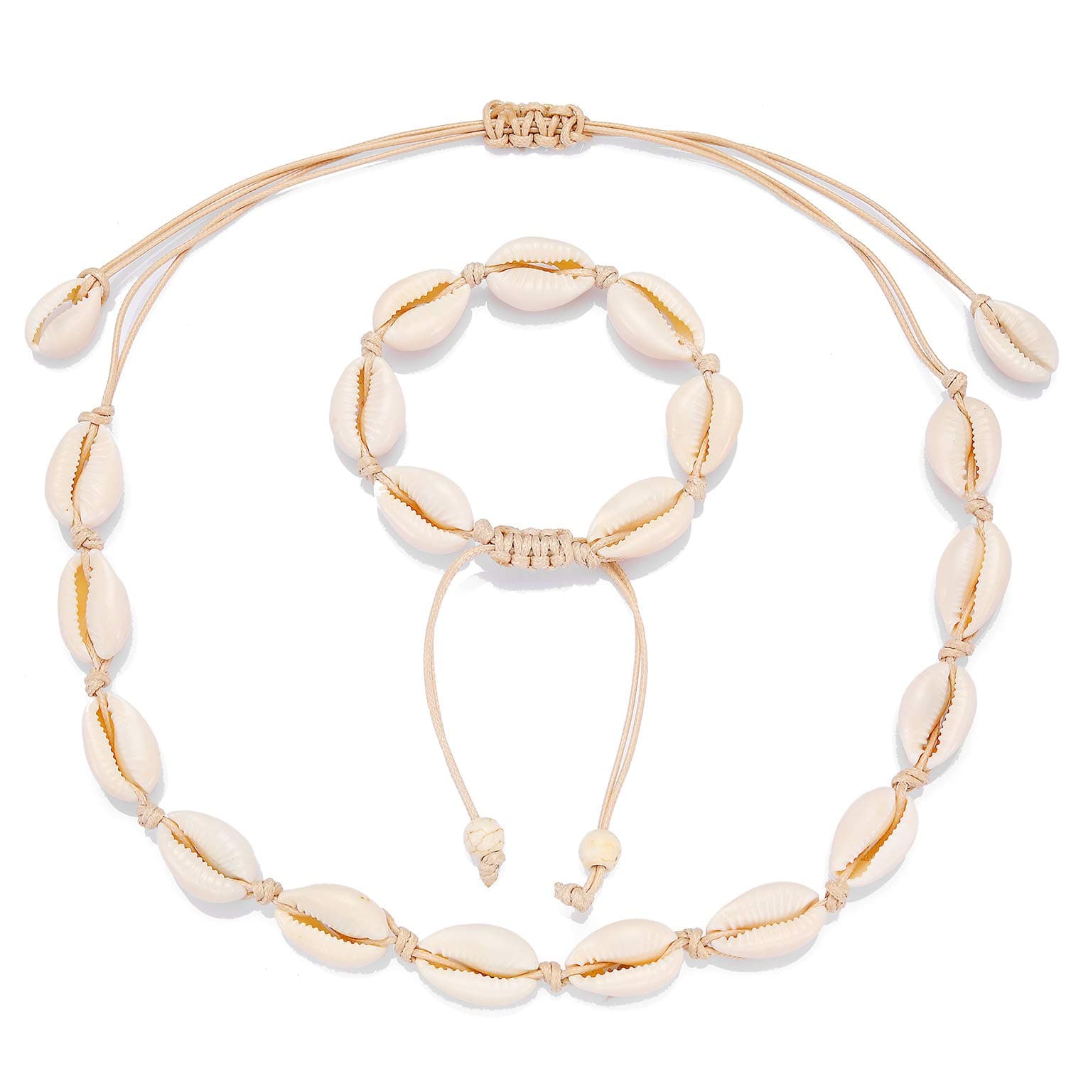 2Pcs Shell Necklace Anklet for Women Handmade Adjustable Puka Beach Shell Necklace Set