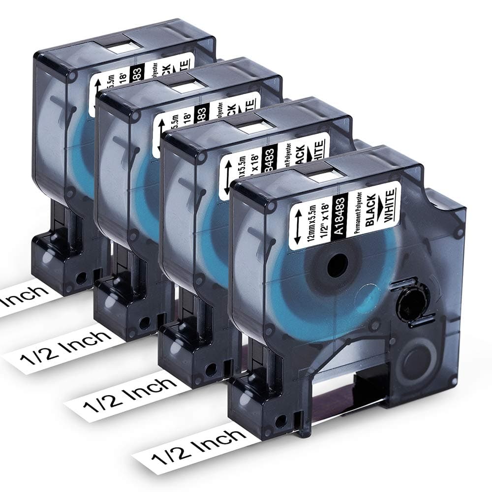 Compatible Label Tape 1/2 Replace for Dymo Rhino 5200 4200 5200 18483 Permanent Polyester Label Tape for Rhino 4200, 5200, 5000, 6000, 6500, 12mm Black on White 1/2" x 18', 4 Pack