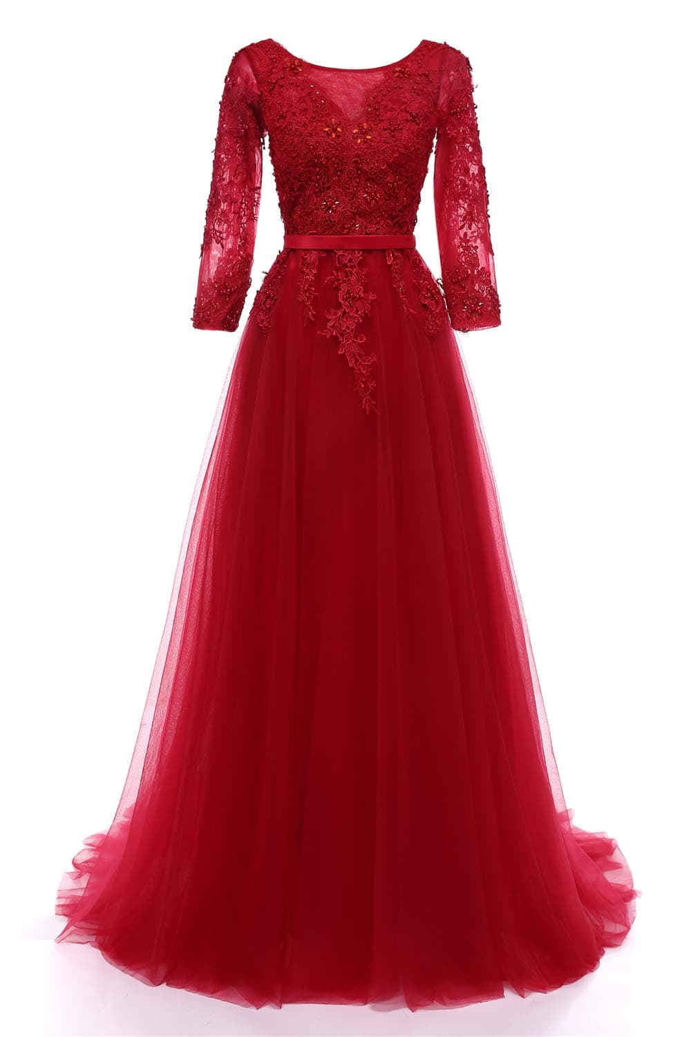 Rain Choi 3/4 Sleeves Formal Evening Gowns Womens Long Prom Dress (Burgundy, 4)