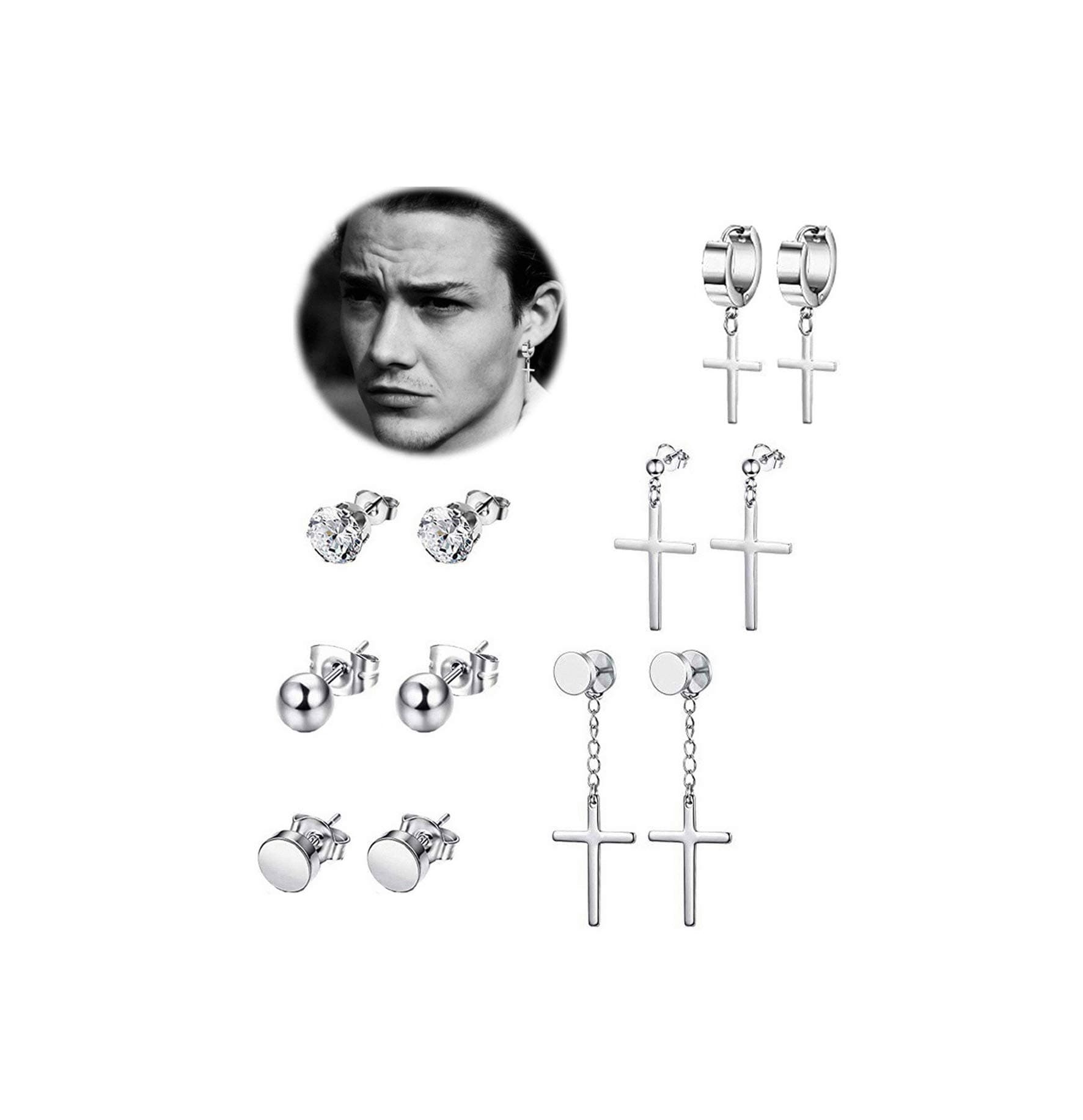 REVOLIA6 Pairs Stainless Steel Dangle Cross Stud Earrings for Men Women Hoop Earrings Huggie Vintage Ear Piercing Silver-tone