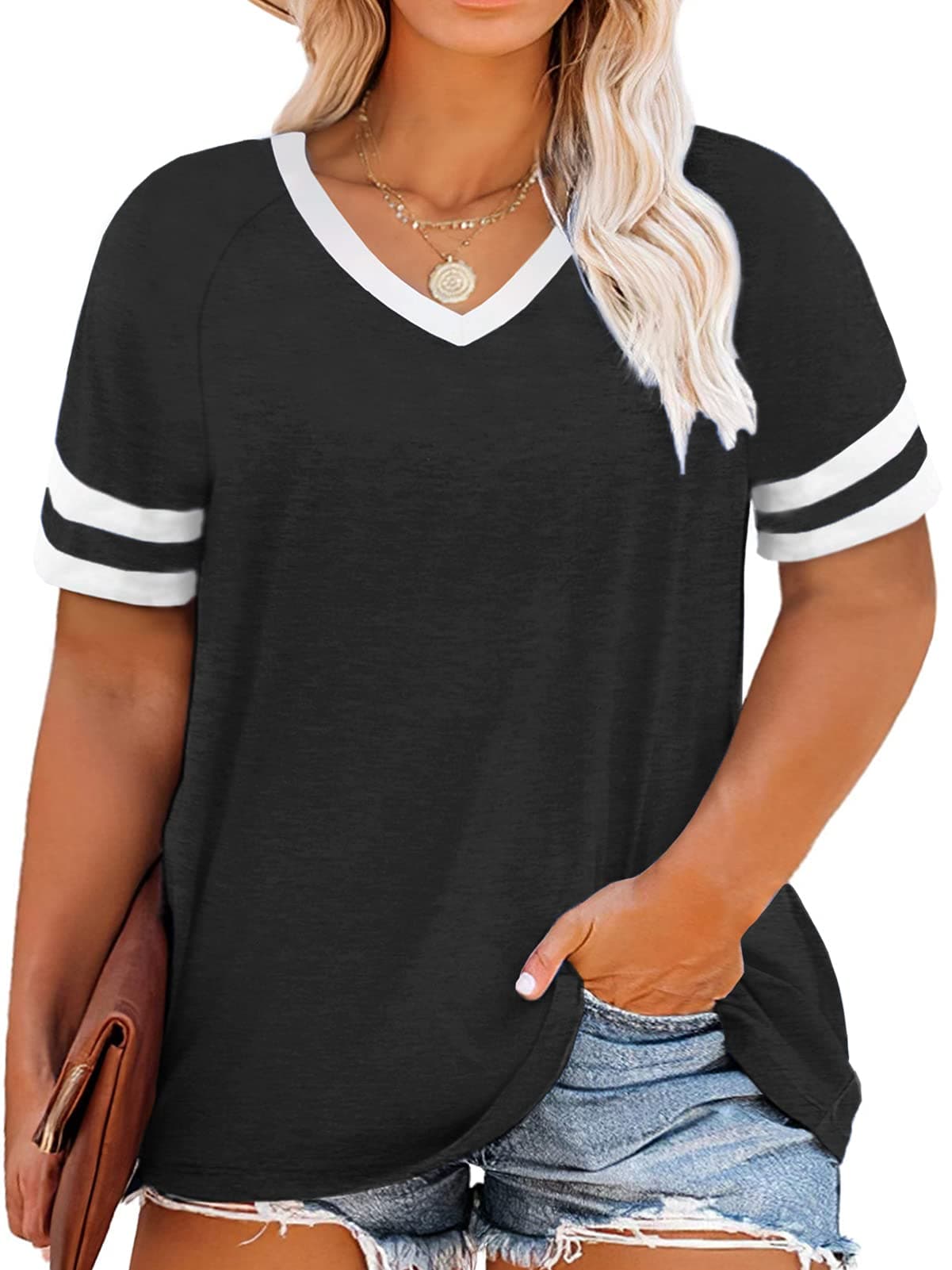 VISLILY Womens Plus-Size Tops Summer V Neck T Shirts Striped Short Sleeve Tee
