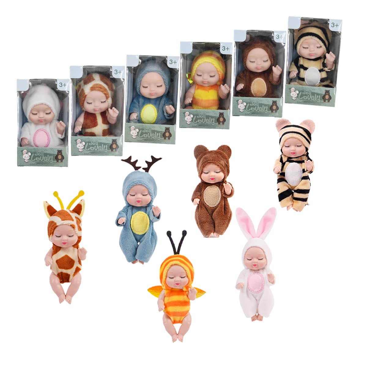 6 Pcs 4 Inch Mini Reborn Baby Dolls Toy Set Realistic Baby Doll with Cute Animal Clothes Gifts for Girls Boys Birthday Christmas