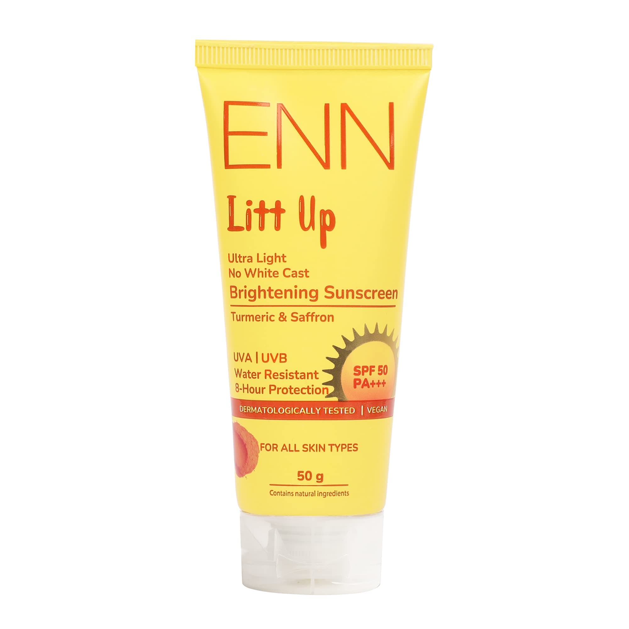 ENN Litt Up Ultra Light Brightening Sunscreen Spf 50, No White Cast, UVA & UVB Protection with Turmeric & Saffron for Glowing Skin, 50gm