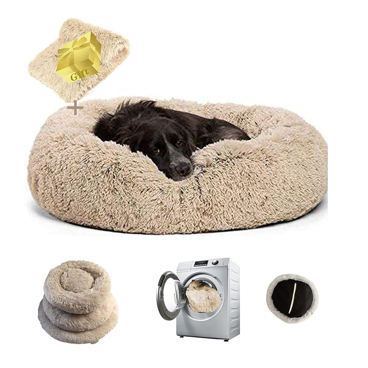 Lucpetk Anti Anxiety Calming Dog Bed for Large Medium,Faux Fur Round Pet bed with Removable Cover,Machine Washable Donut Cuddler Cat Plush Nest