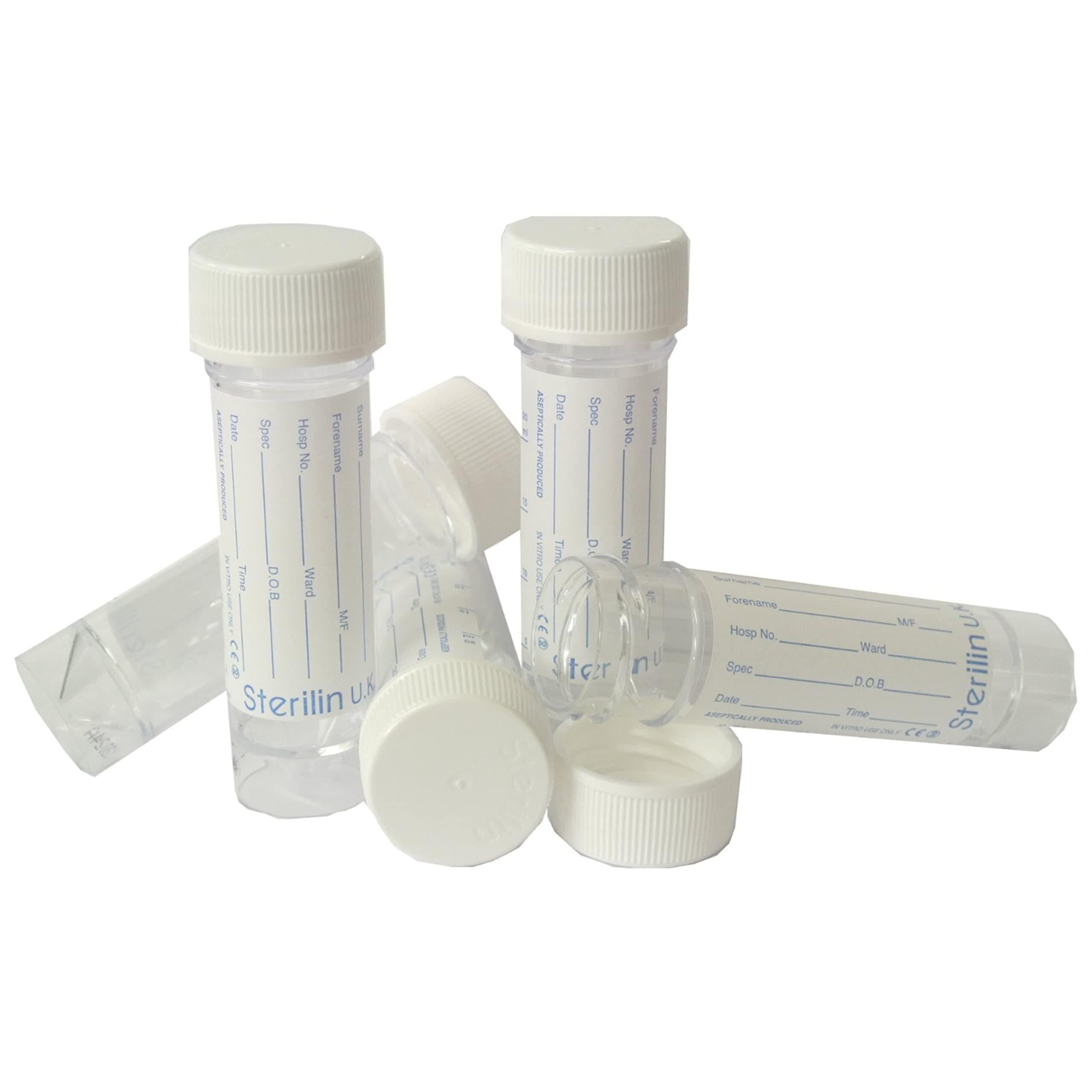 50 x Sterilin Urine Sample / Specimen Bottle / Pot / Container with Lid & Printed Labelβ¦