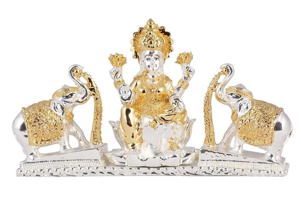 Siri Creations Silver Plated Lakshmi Idol with Elephants (Silver, L - 8 cm H - 8 cm W - 15 cm)