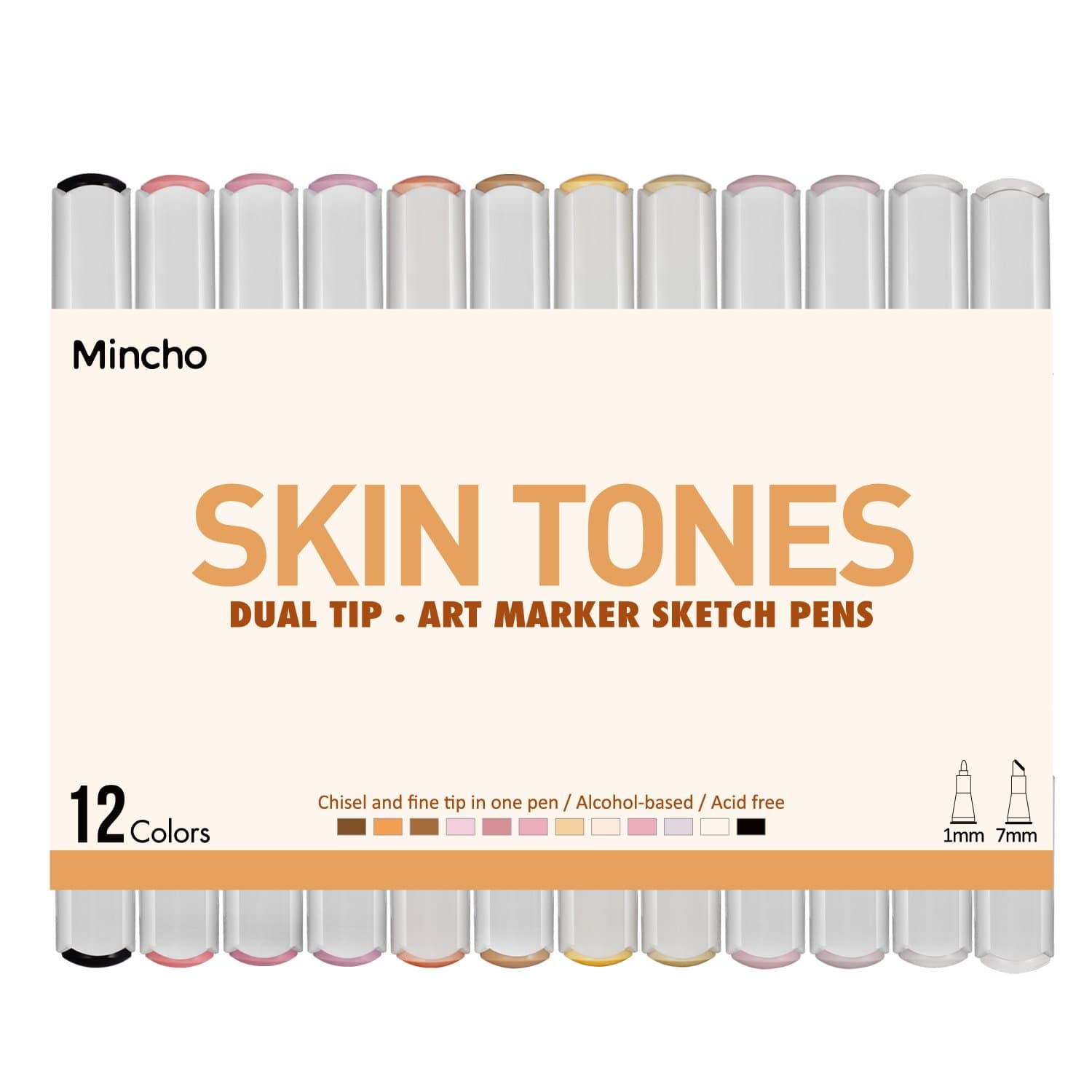 Dual Tip Skin Tones Markers Pen Set, Permanent Art Sketch Marker For Manga, Portrait, Flesh, Illustration Drawing - Pack of 12 Includes Colorless Blender