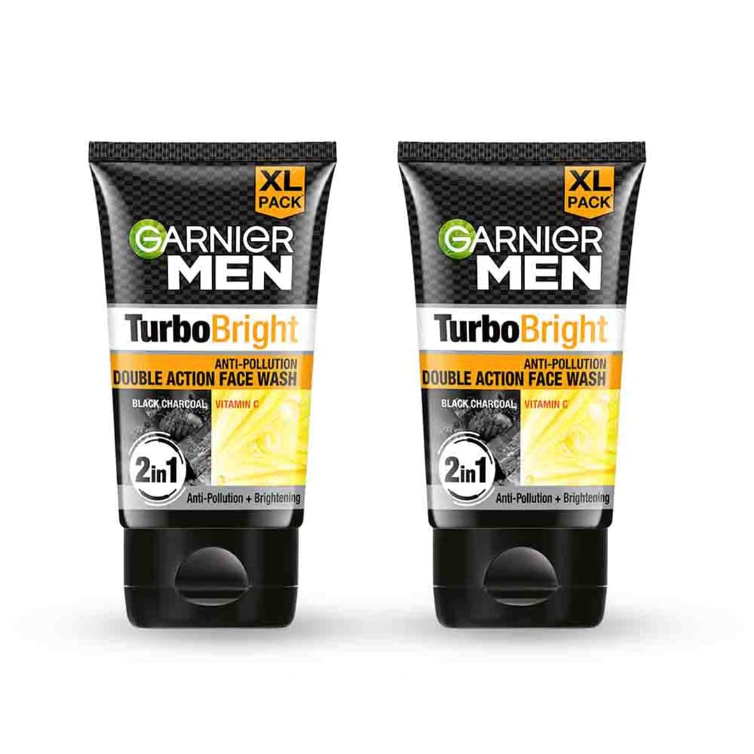 Men Turbo Bright Double Action Face Wash, Deep Cleansing Anti Pollution Face Wash with Charcoal and Vitamin C, Suitable for all Skin Types, 150g x2 (Pack of 2)