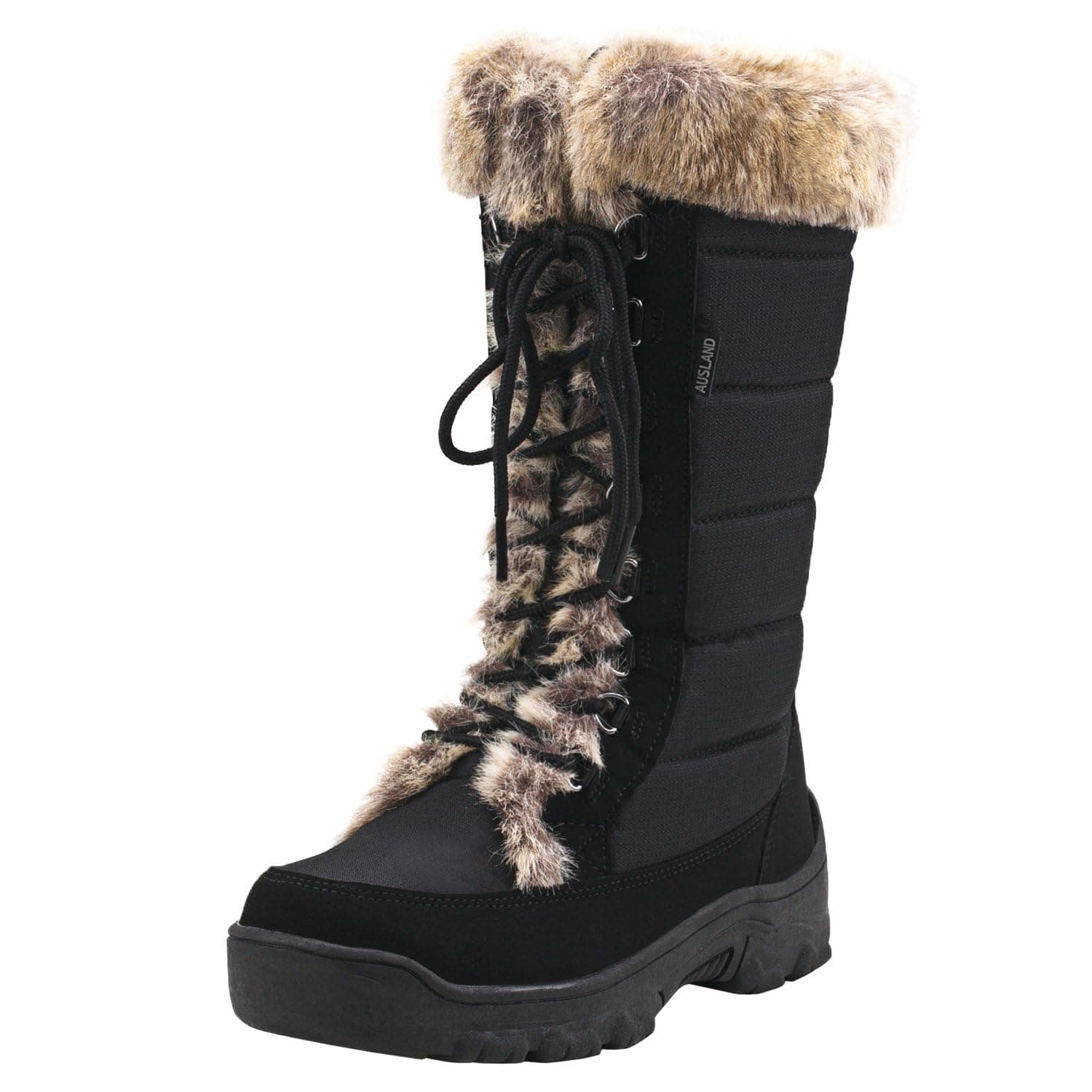 Women's Black Winter Snow Boots Twin Peaks Fur Cuff Mid-Calf Waterproof Lace Up Boots