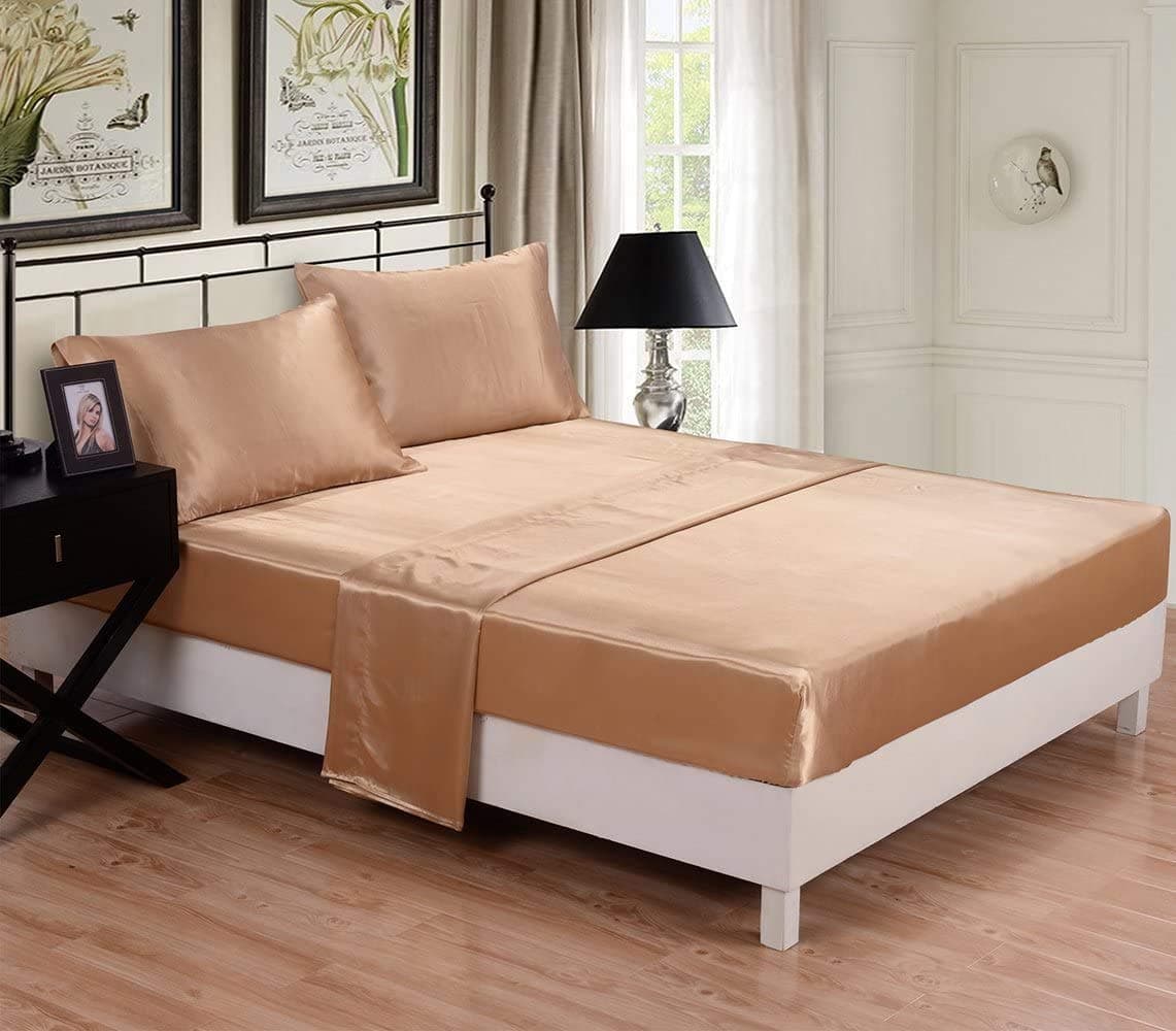 Honeymoon Luxury Satin Bed Sheet Set, Ultra Silky Soft, King - Gold