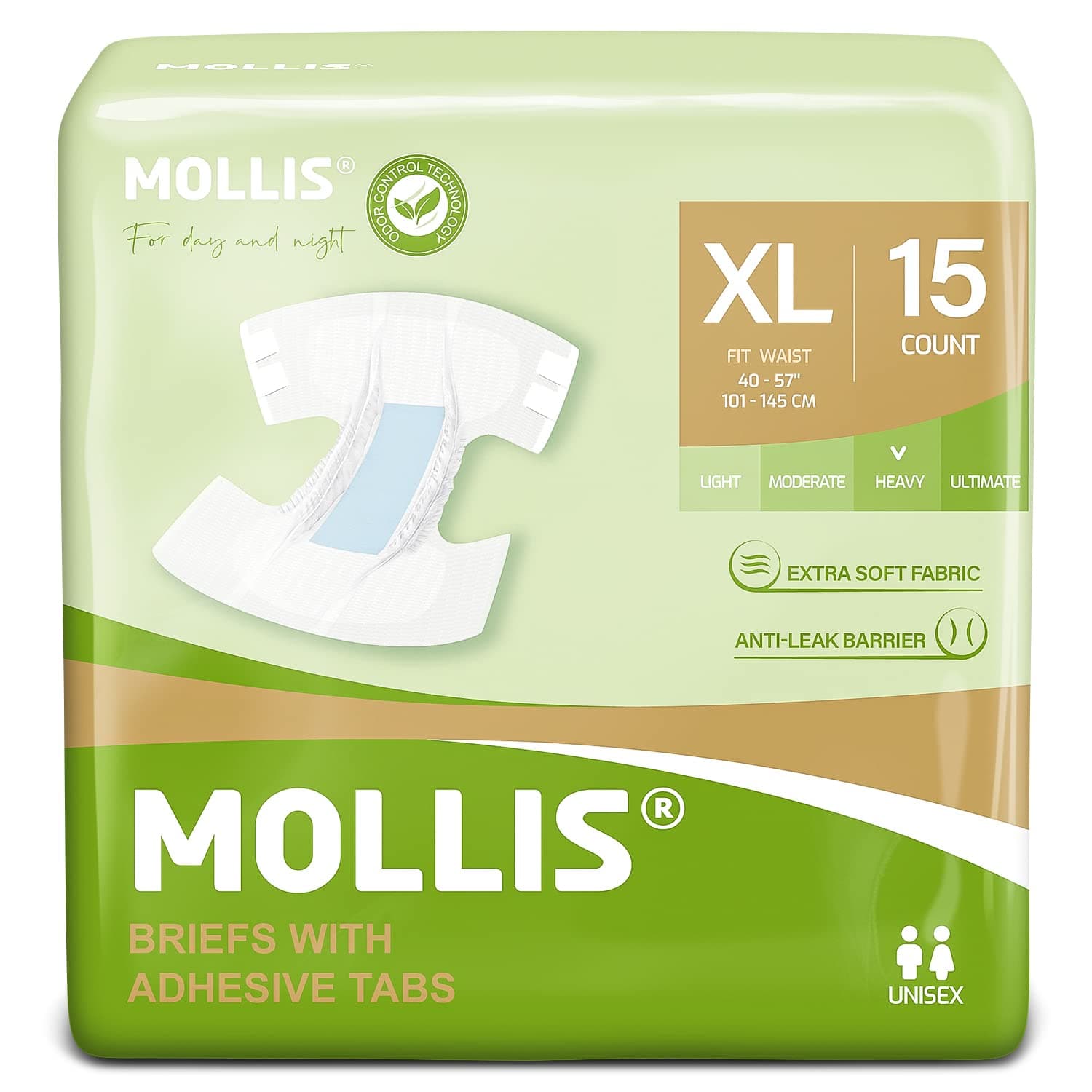 MOLLIS Adult Diapers for Women and Men, Unisex Disposable Incontinence Briefs with Tabs, Odor Control, XLarge, 15 Count