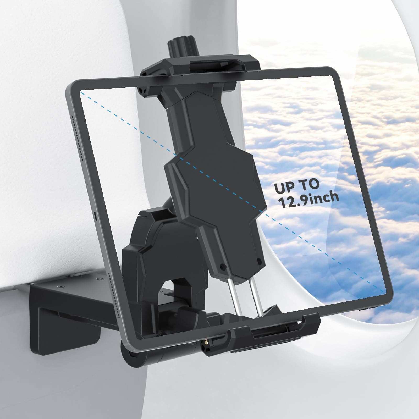 KDD Airplane Tablet Holder Mount, Adjustable Travel Essentials iPad Phone Stand with 360 Degree Rotation, Portable Tesla Model 3/Y Car Headrest Mount Compatible with iPad, Cell Phone