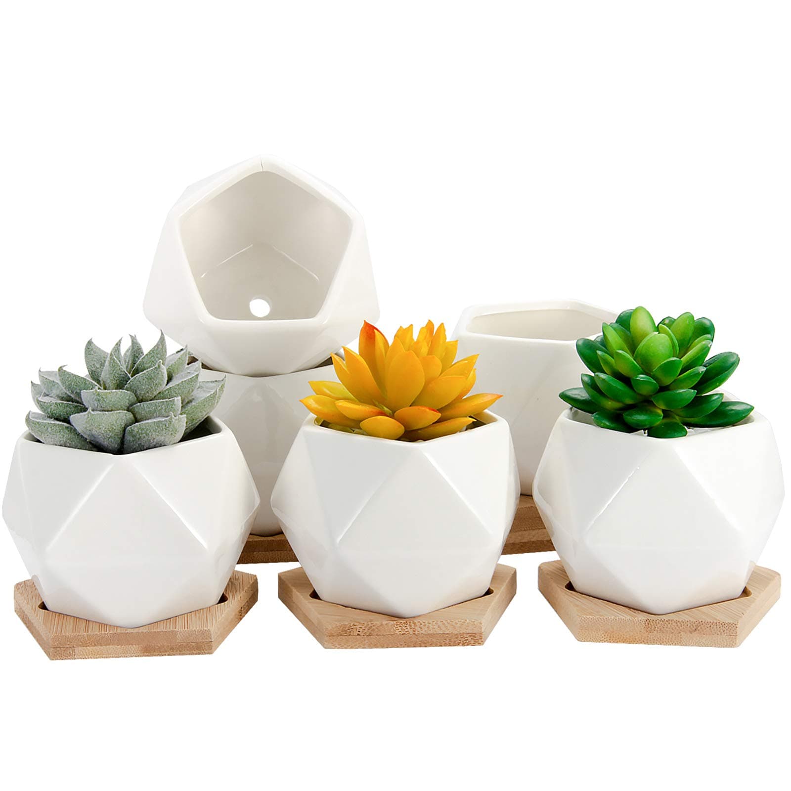 OAMCEG Succulent Pots, 3.54 Inch Geometric Succulent Planter, Set of 6 White Ceramic Succulent Cactus Plant Pots with Bamboo Tray and Drainage Hole (Plants NOT Included)