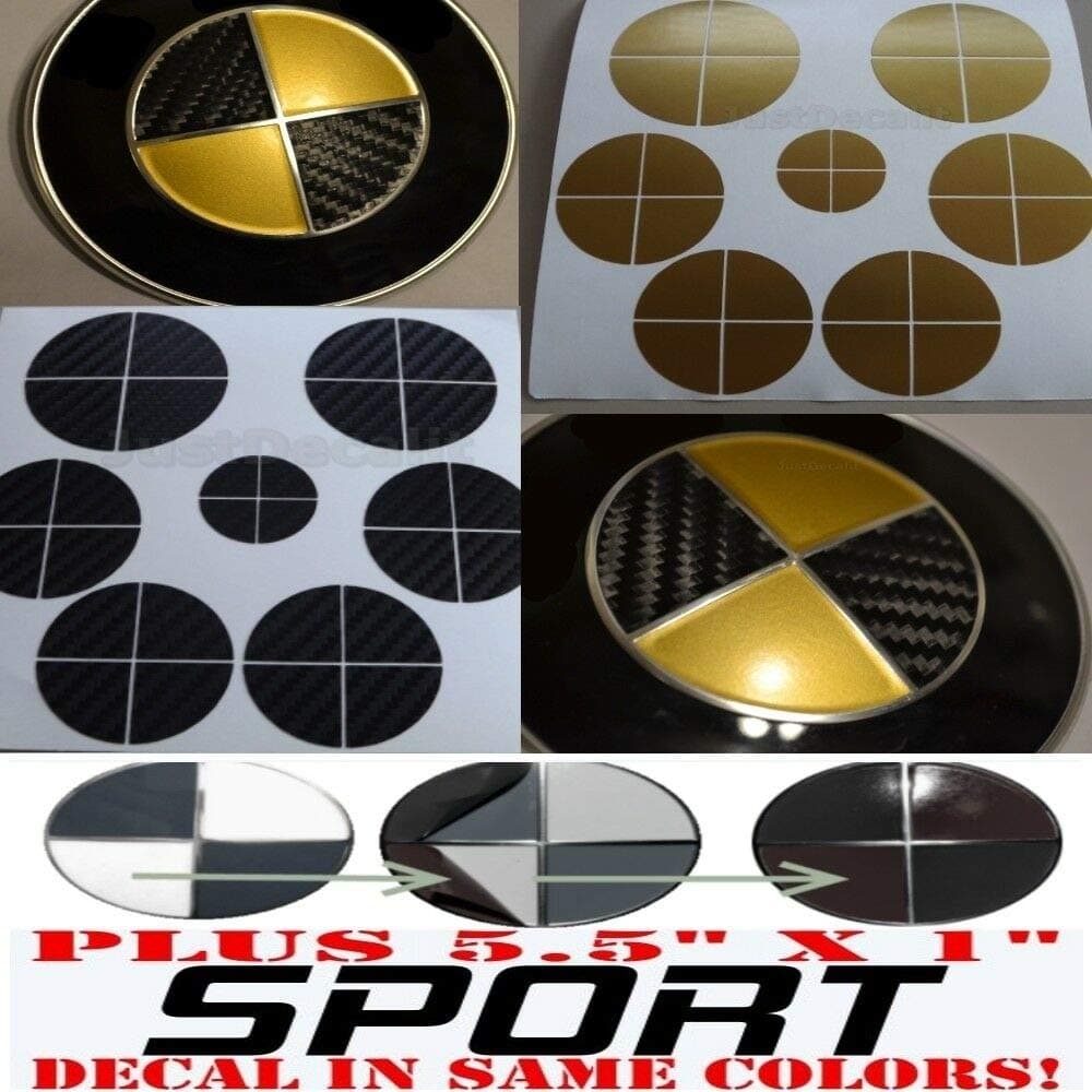 Sticker Overlay +Sport Full Set Compatible with All BMW Emblems (Carbon Fiber Black / Gold)