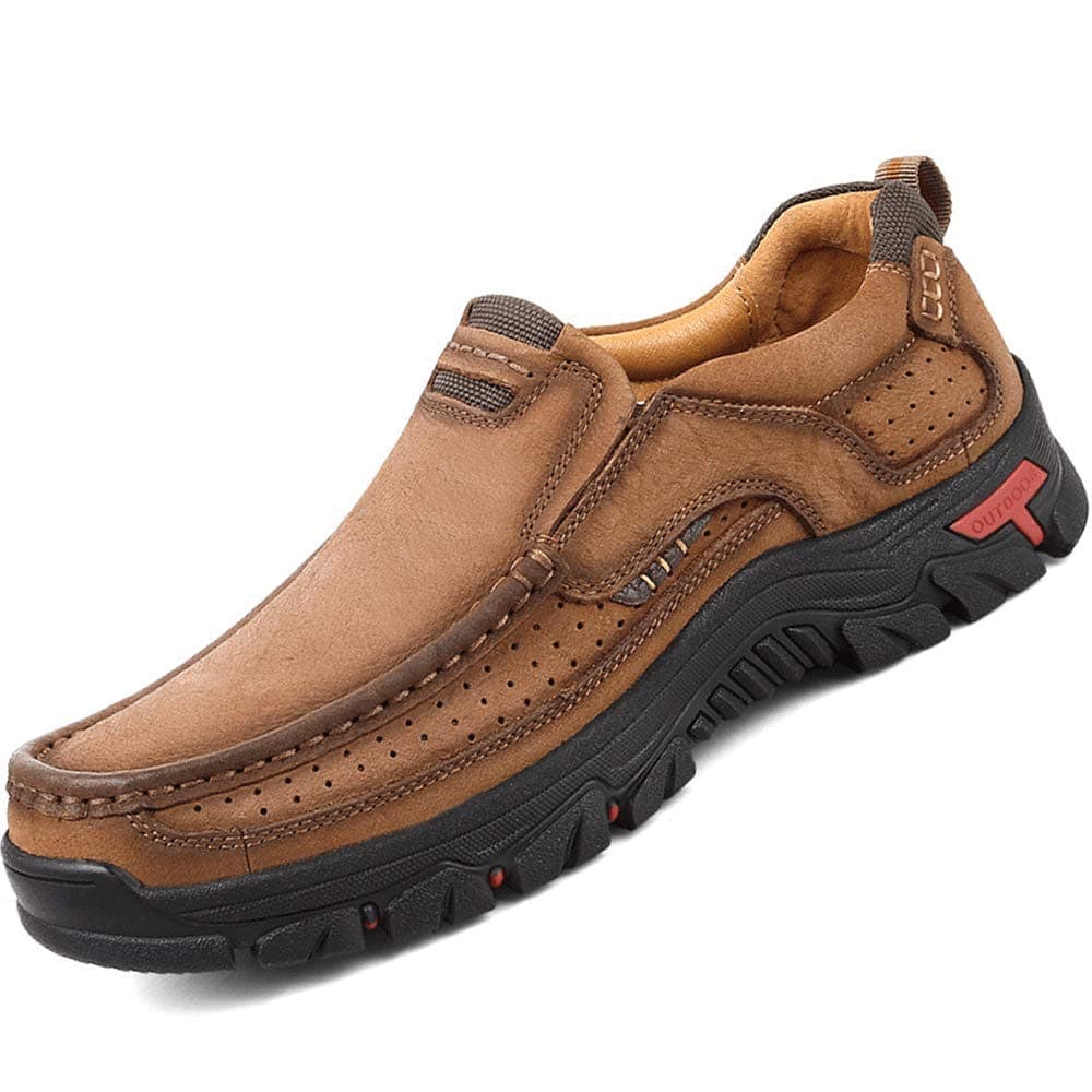 YONGJIA Men's Classic Outdoor Leather Non-Slip Lightweight Breathable Loafers Shoes Hiking Casual Shoes