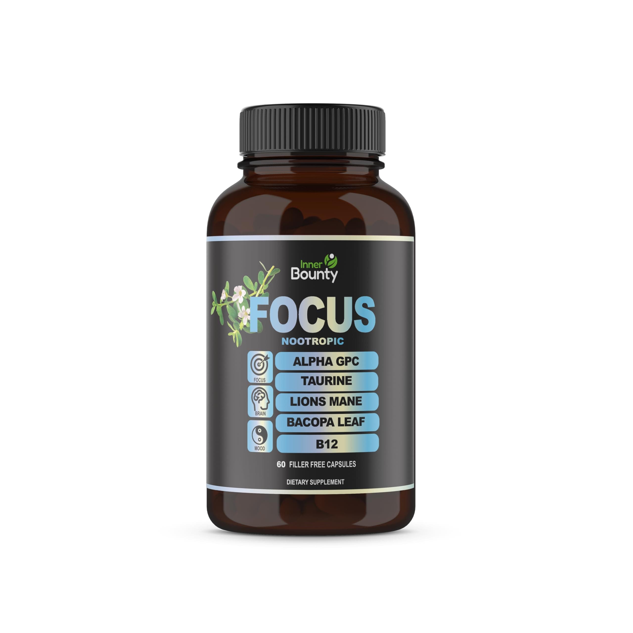 Focus 14-in-1 Nootropic Brain Supplement with Lions Mane, Alpha GPC Choline, Vitamin C & B12, Taurine, Bacopa - Energy, Cognitive, Memory Support, 60 Filler Free Capsules