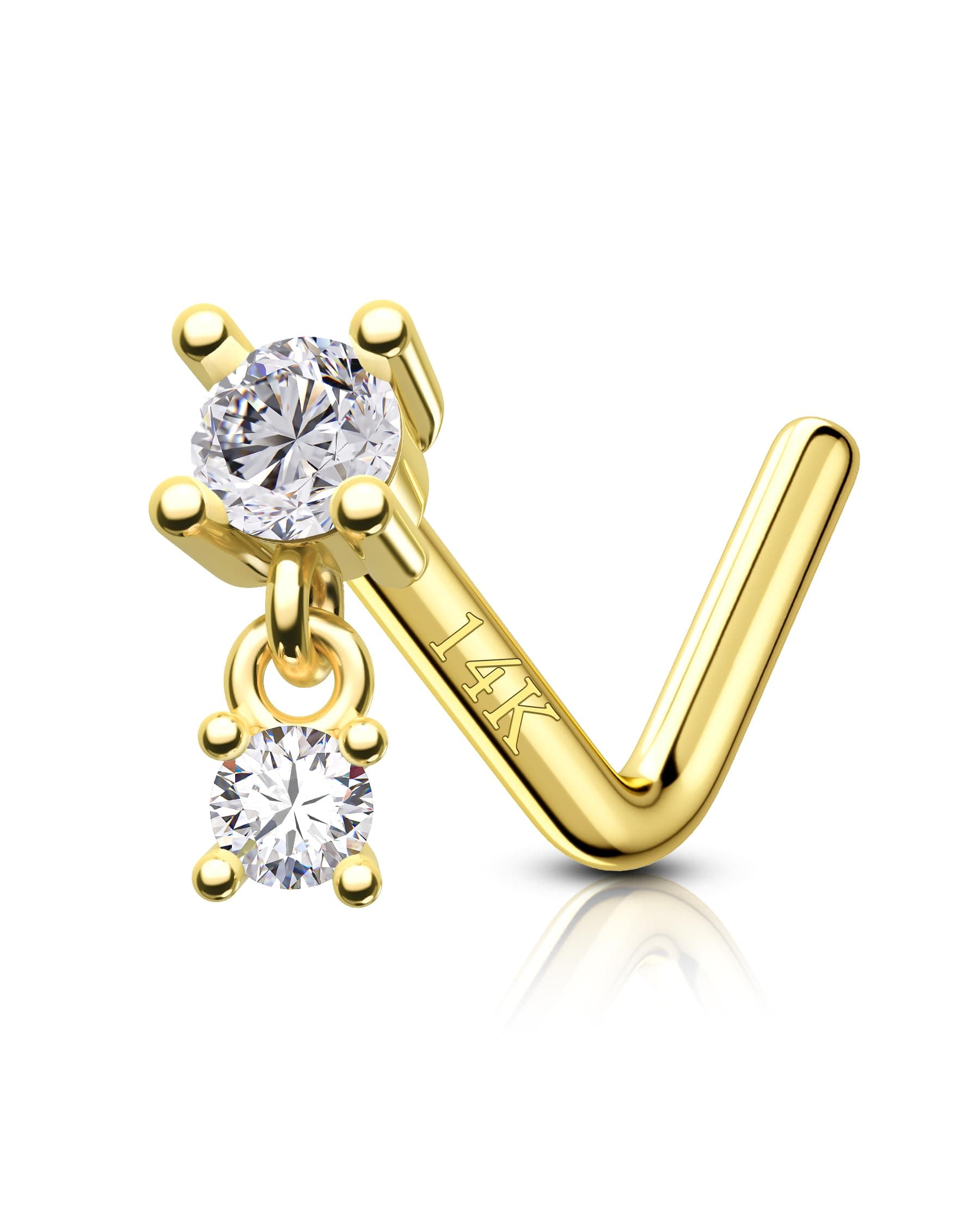 14K Gold Dangle Nose Stud 20g 22g 18g-Real Gold L Shape Nose Ring Stud, 14kt Nose Piercing 7mm Long Dangling Tiny Nostril Piercing 14 Karat Cute Danly Nostril Jewelry for Women