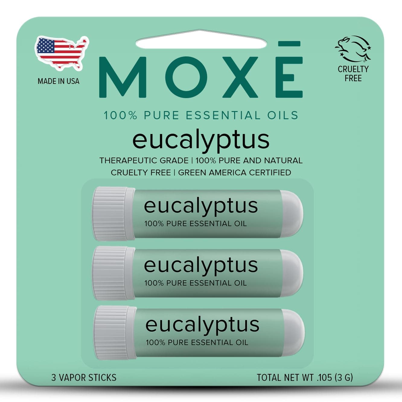 MOXĒ Eucalyptus Essential Oil Nasal Inhaler, Sinus & Congestion Relief, Daily Relaxation, Stress Relief, Therapeutic No-Mess Aromatherapy, Pure and Natural, Made in USA (3 Pack)
