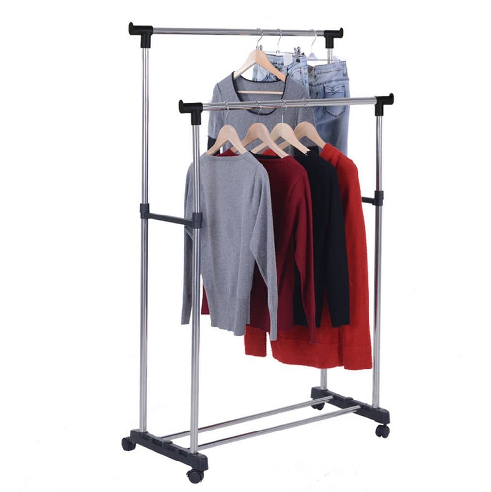 Themost Shop Double Pole B Adjustable Portable Clothes Hanger Rolling Garment Rack Duty Rail :New