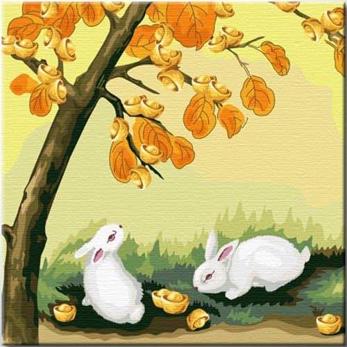 DiyOilPaintings Paintworks Paint By Number 16"x16", Golden Osmanthus Tree and Rabbits
