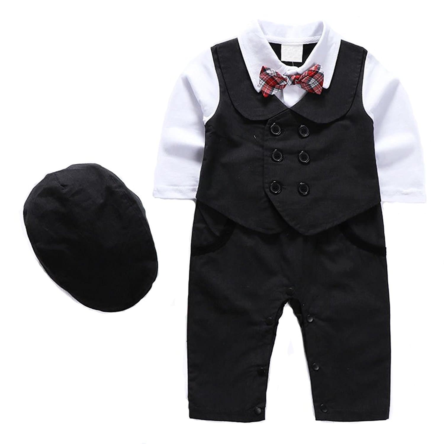 1Pcs Baby Boy Long Sleeves Jumpsuit Tuxedo Clothing Set with Berets Cap and Bowtie