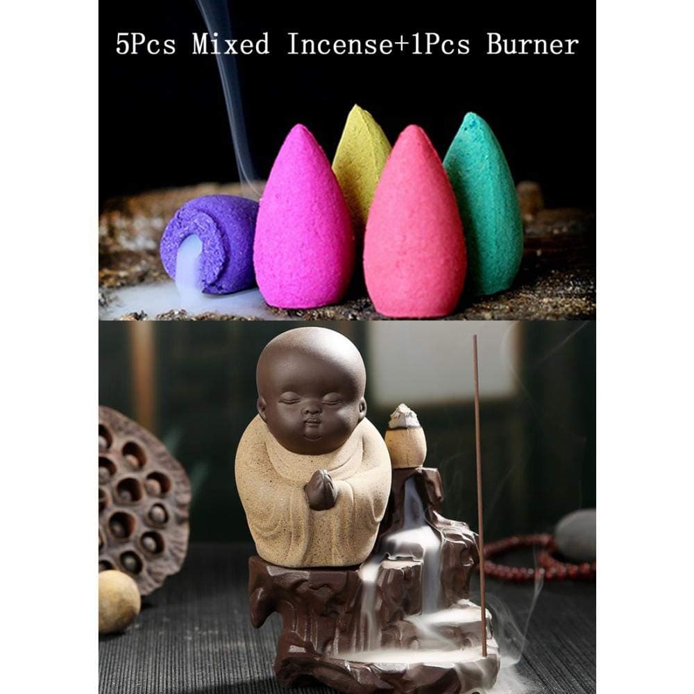 Incense Burner Backflow Tower Cones Sticks Holder Ceramic Porcelain Buddha Monk Ash Catcher with 10PCs Backflow Incense (Backflow e)