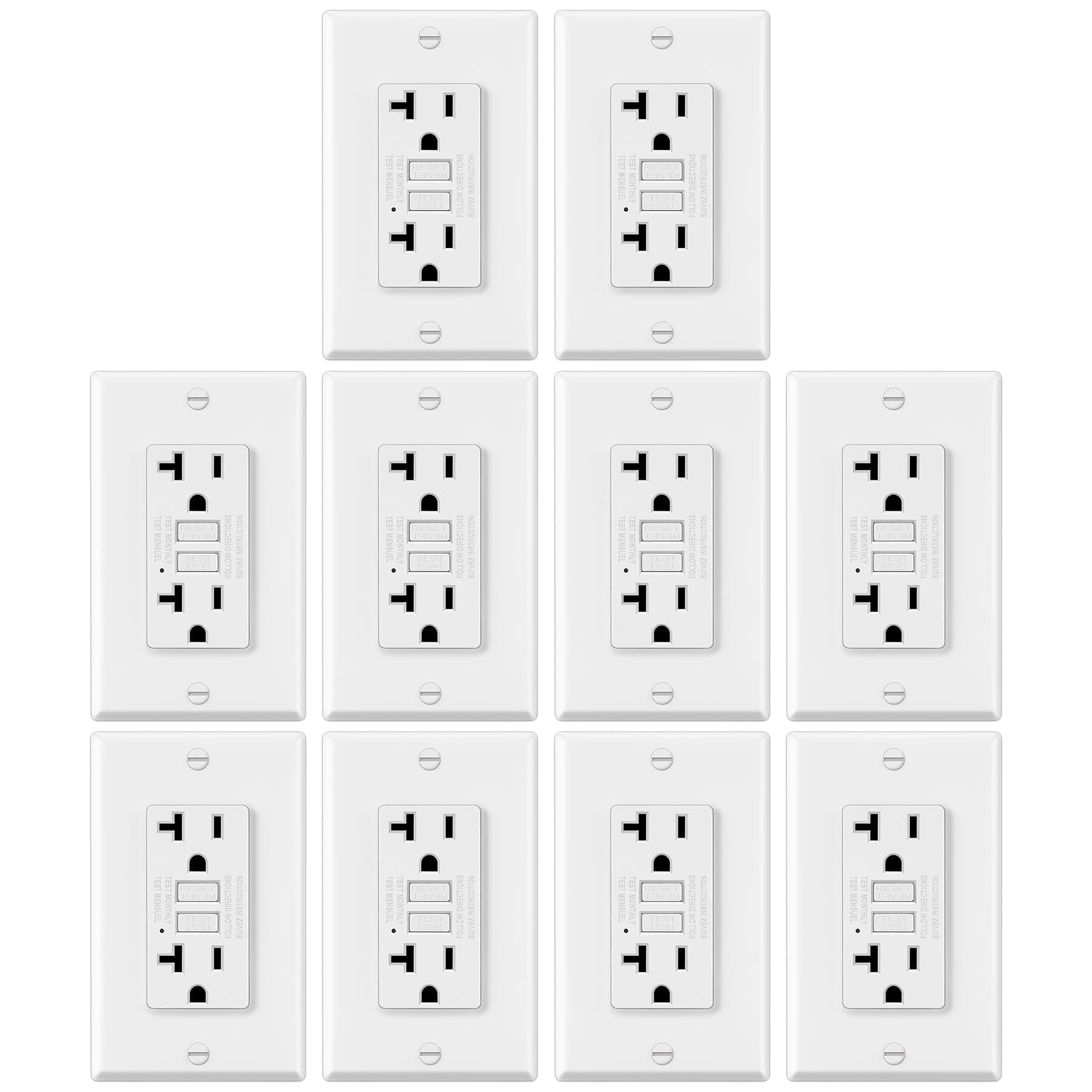 ELECTECK 10 Pack GFCI Outlets 20 Amp, Non-Tamper Resistant, Decor GFI Receptacles with LED Indicator, Ground Fault Circuit Interrupter, Wallplate Included, ETL Listed, White