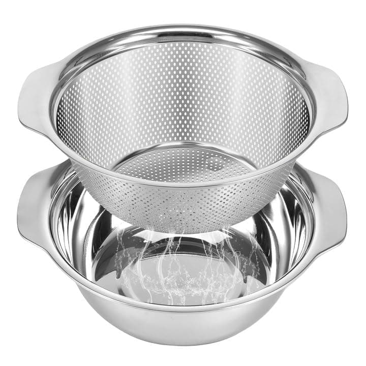 Stainless Steel Microporous Colander for Kitchen, 2.5QT Large Capacity, Colander and Bowl Set of Two, Stainless Steel Drain Basket with Mixing Bowl, for Washing Fruits and Vegetables