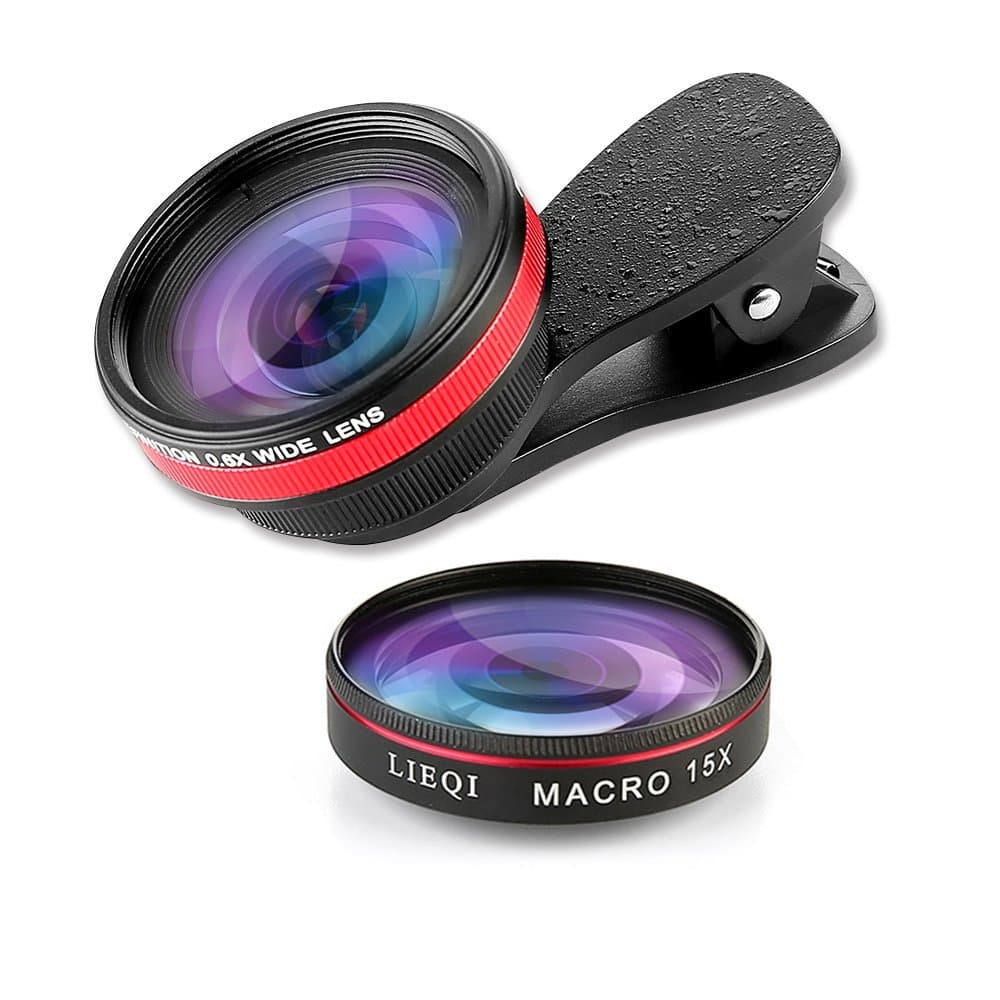 LIEQI Camera Lens Kit 2 in 1 (No Distortion No Dark Circle 0.6x Super Wide Angle + 15x Macro Lens) Clip on Phone Lens for iPhonex,iphone 8, 7 Plus / 7 / 6s Plus / 6s/ Samsung Mobile Phones and Tablets