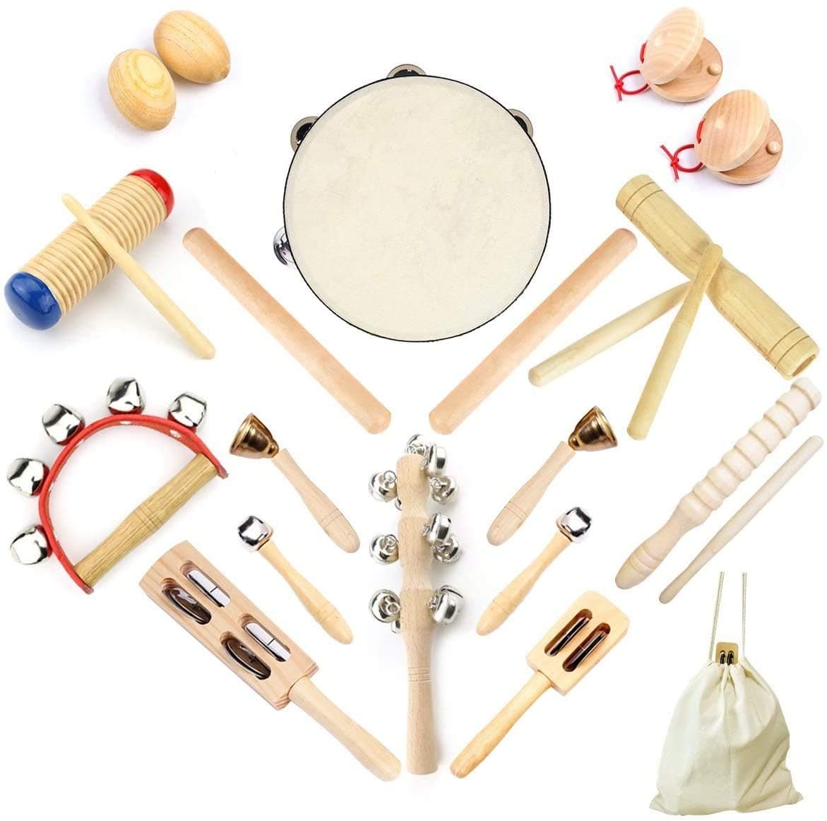 Musical Instruments, Wooden Percussion Instruments for baby, Kids and Toddler, Children's 23pcs Pure Wood Toys Set, Premium Percussion Rhythm Kit, Girls & Boys Gift, Pure Cotton Bag Packed