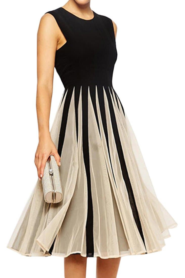 Azbro Gorgeous Cutout Color Block Skater Dress, Apricot XL