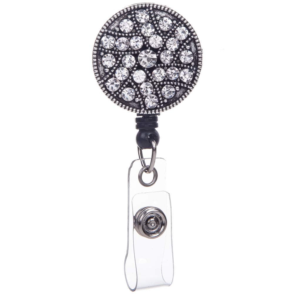 Retractable Badge Holder, Badge Reel, ID Badge Holder Reel Clip Retractable for with Bling Rhinestones Nurse (Antique Silver)