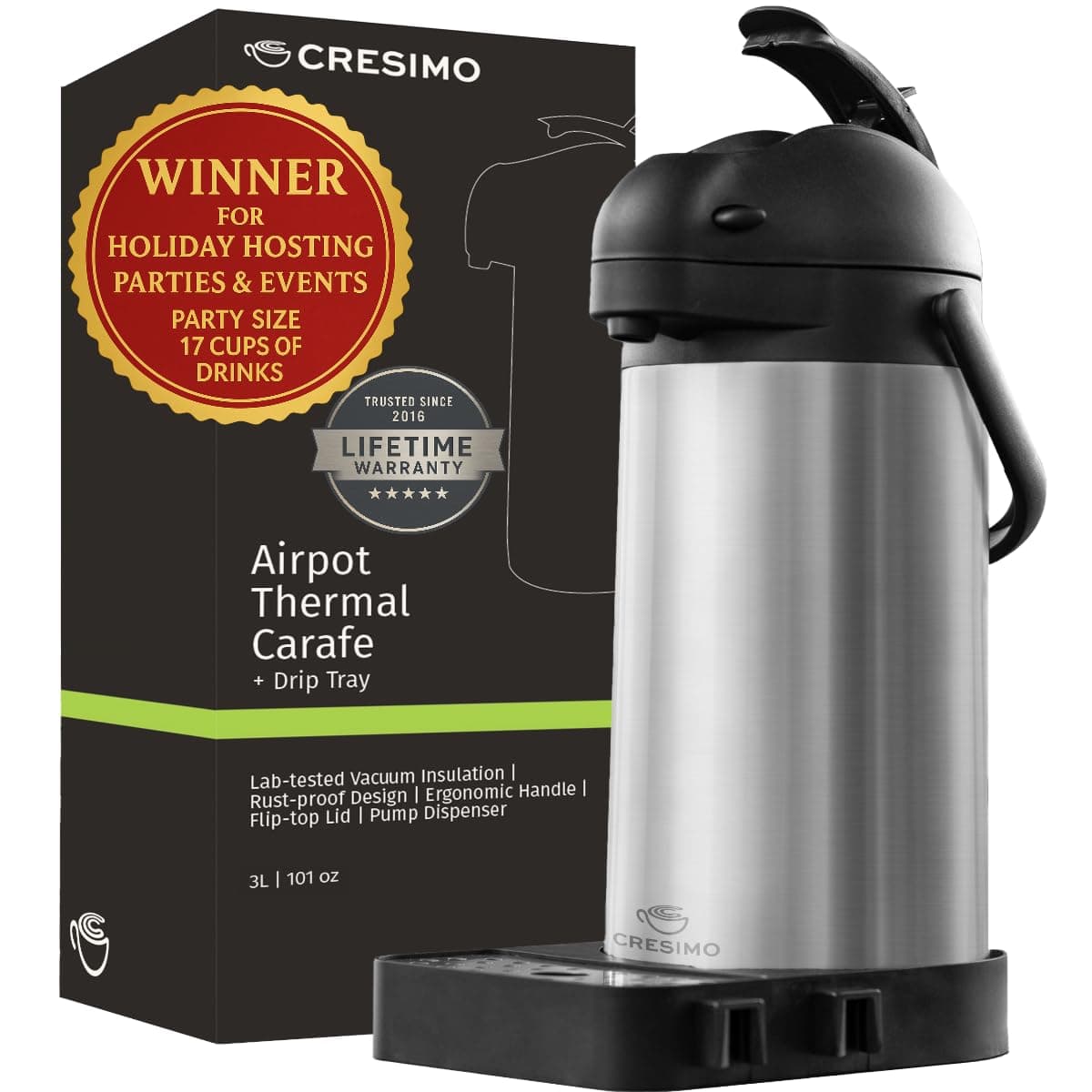 Airpot Coffee Dispenser with Pump & Tray - 102oz/3L Coffee Carafe with Pump - 12 Hours Hot Drink Dispenser for Parties - Stainless Steel Thermal Carafe for Hot Cocoa Bar -Easy-to-Use Insulated Pitcher