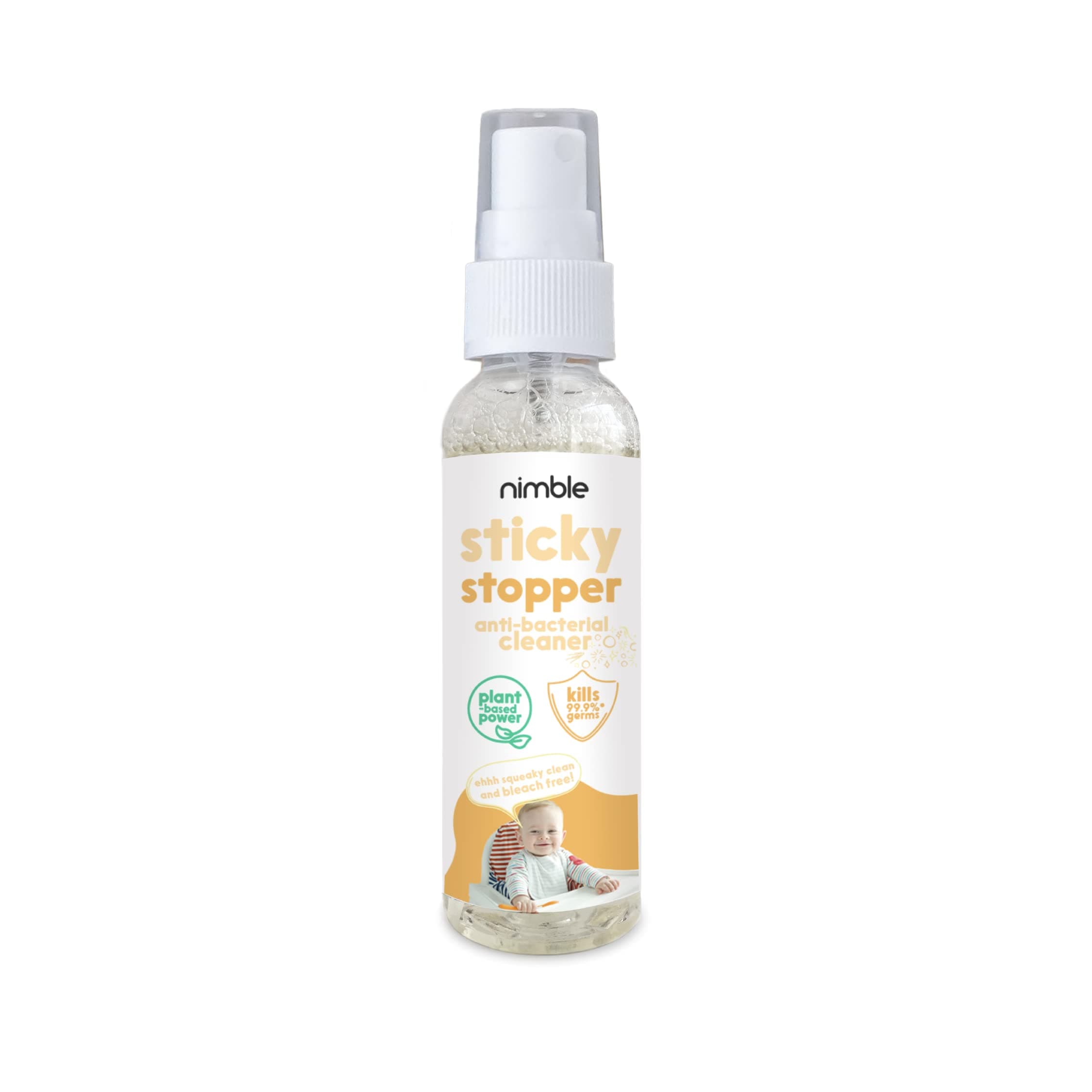 Nimble, Sticky Stopper, Travel 60ml Size, Baby Antibacterial Spray, 100% Natural Plant-Based Eco-Friendly Cleaner, Kills 99.9% Germs, Bleach & Fragrance Free, No Animal Testing