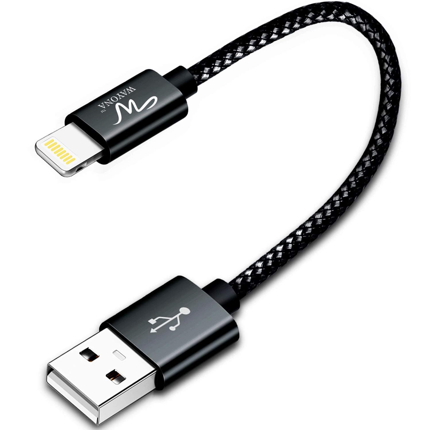 Wayona Nylon Braided USB Cable Data Sync & Fast Charging Short Power Bank Cable Compatible For iPhones (0.25M Short Cable, Jet Black)