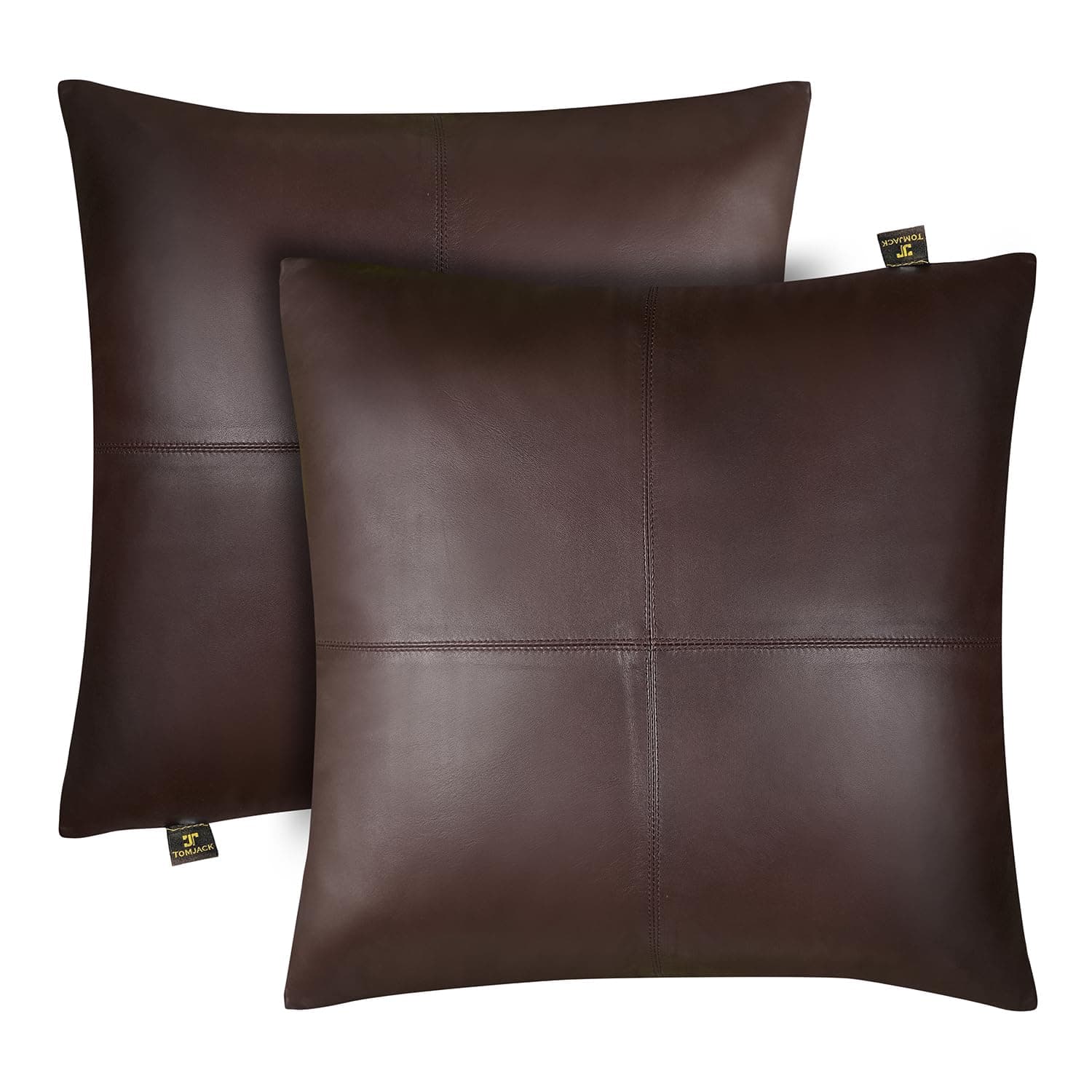 TOMJACK Lambskin Leather Pillow Cover - Decorative Sofa Cushion Case - Throw Covers for Living Room & Bedroom, 22" x 22" - Brown Plain Pack of 2