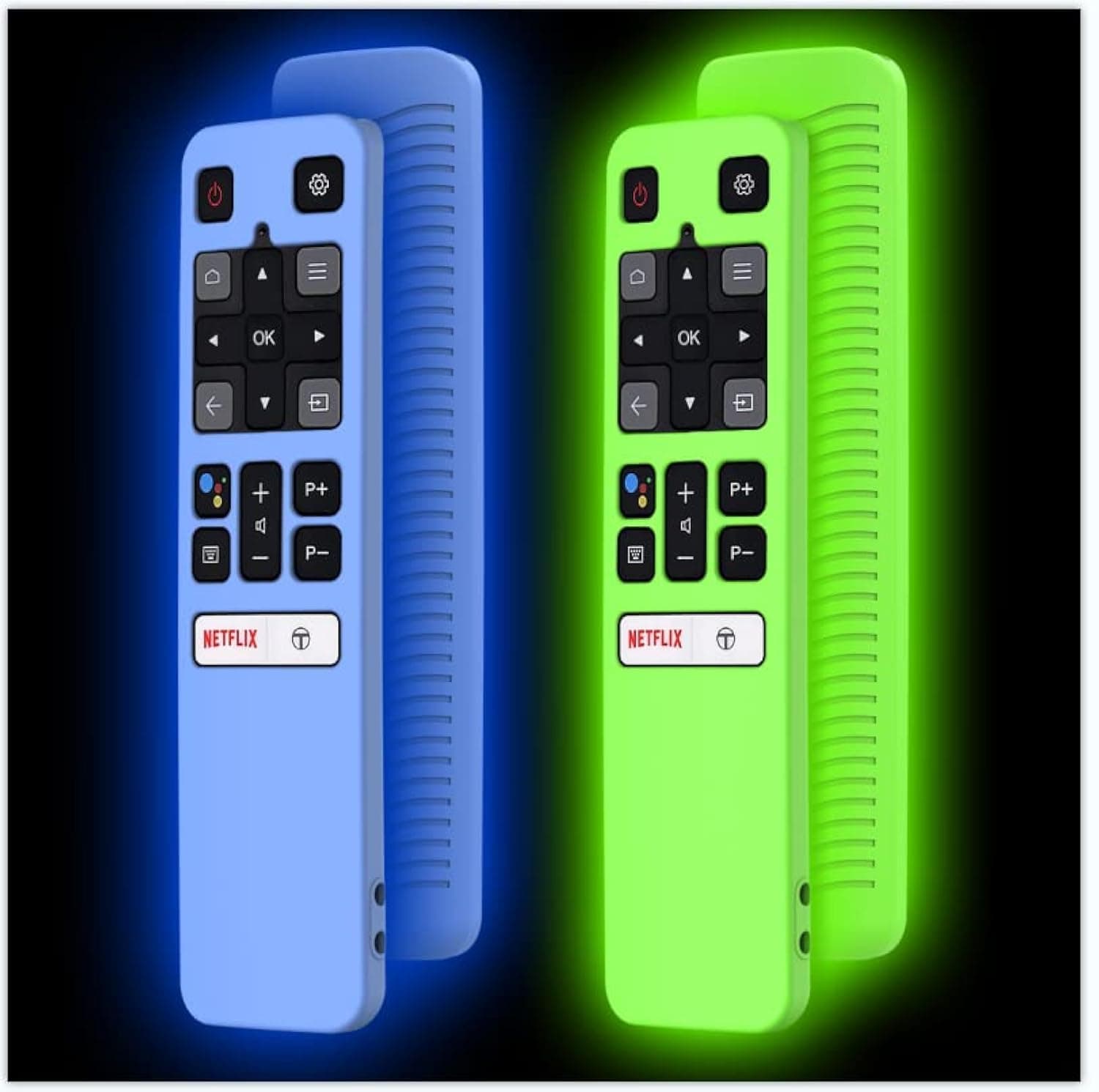 [2 Pack] WQNIDE Case for TCL RC802V FMR1 FNR1 Smart Voice Remote Control, Silicone Protective Cover Shockproof Anti Slip Anti-Lost Glowing(Glowgreen and Glowblue)