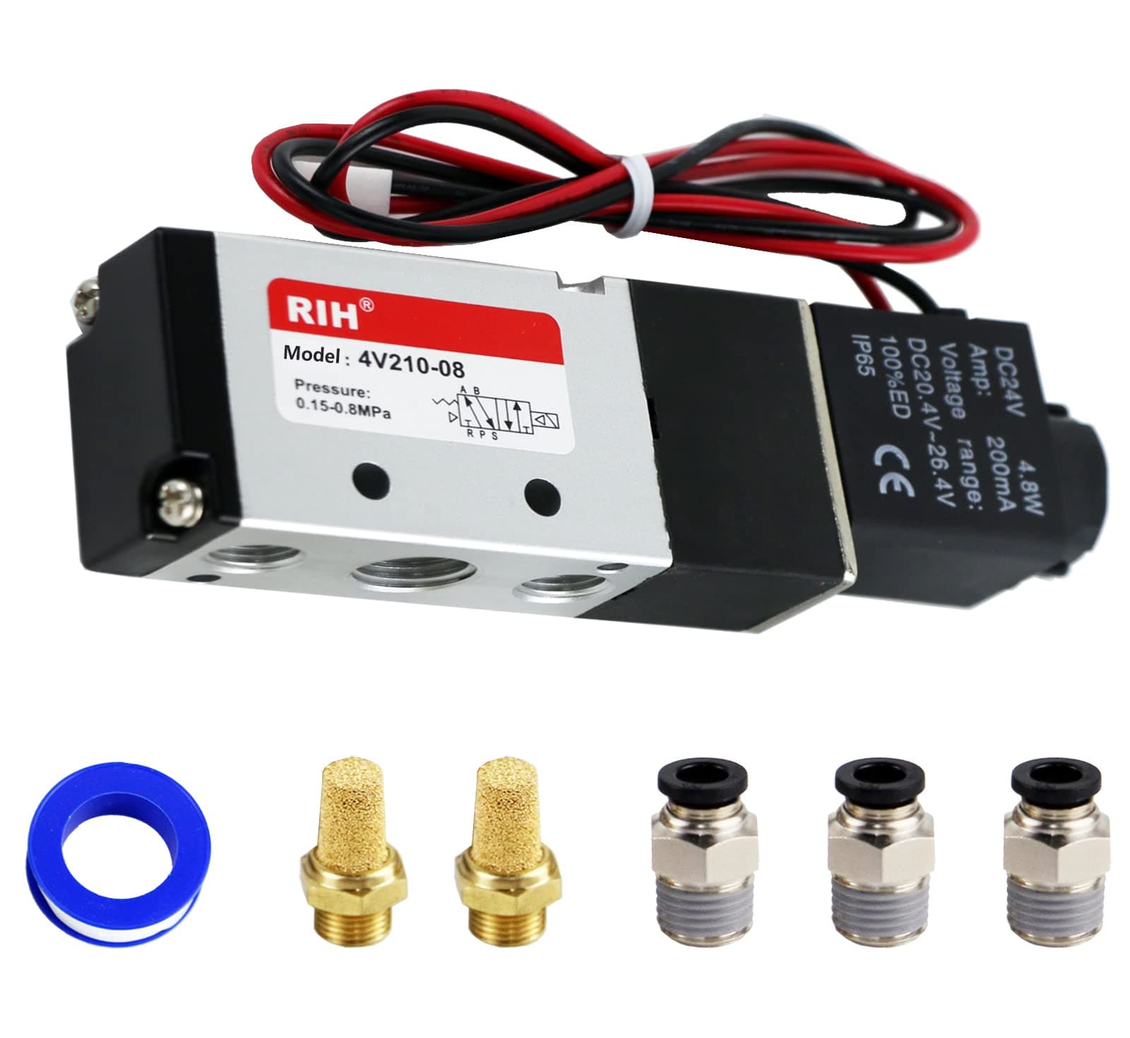 RIH Pneumatics Solenoid Valve 4V210-08 12V/24V/110V Series Single Coil Pilot-Operated Electric 2 Position 5 Way Connection Type (DC24V/Out of line, 1/4"NPT)